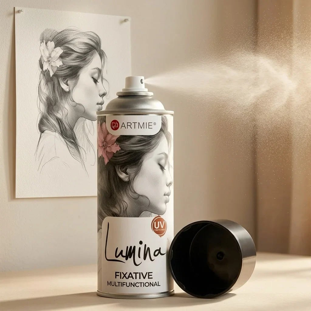 Spray fixator ARTMIE Lumina cu ceață pulverizată în fața unui desen în creion