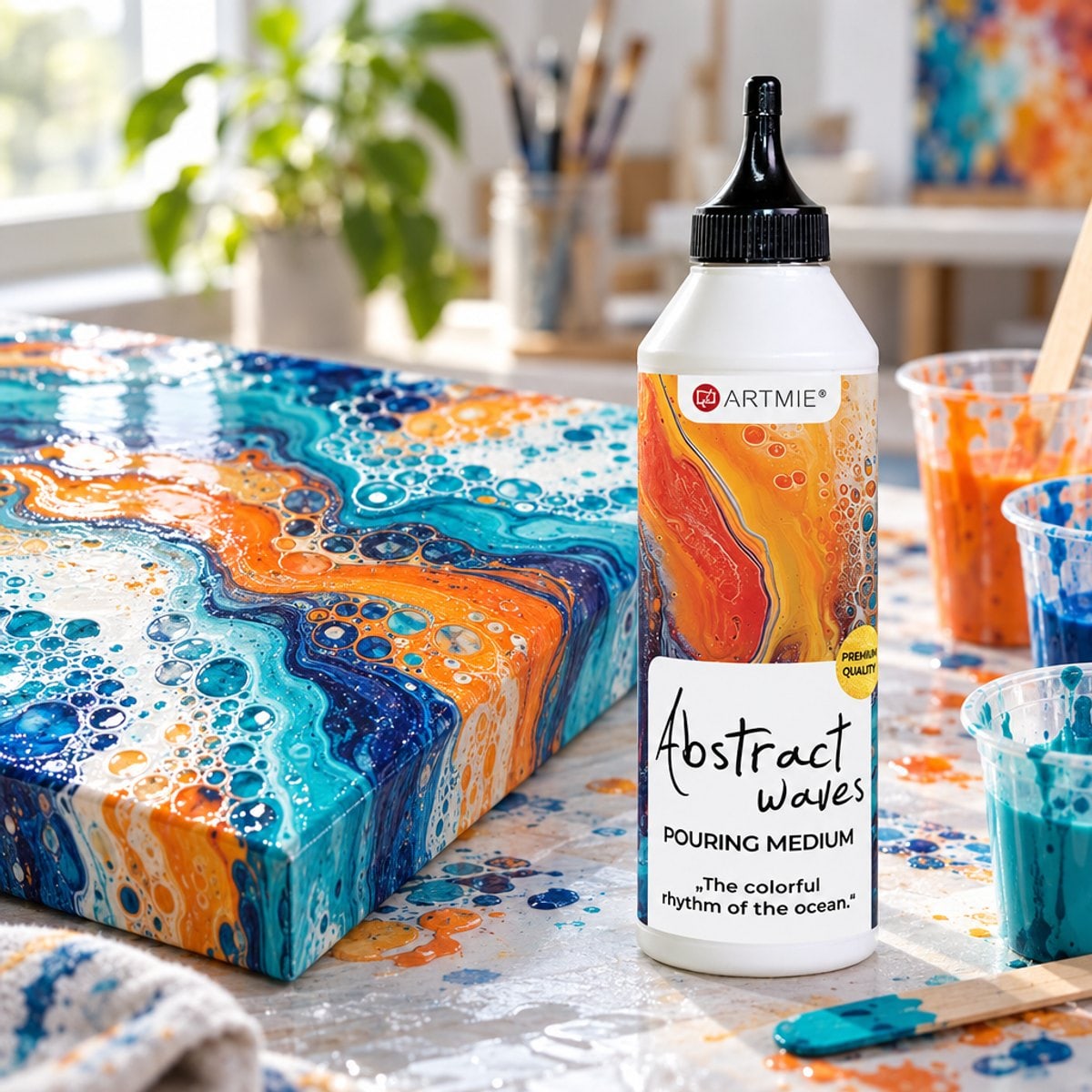 Mediu de turnare ARTMIE Abstract waves 500 ml și tablou finalizat cu efect de celule