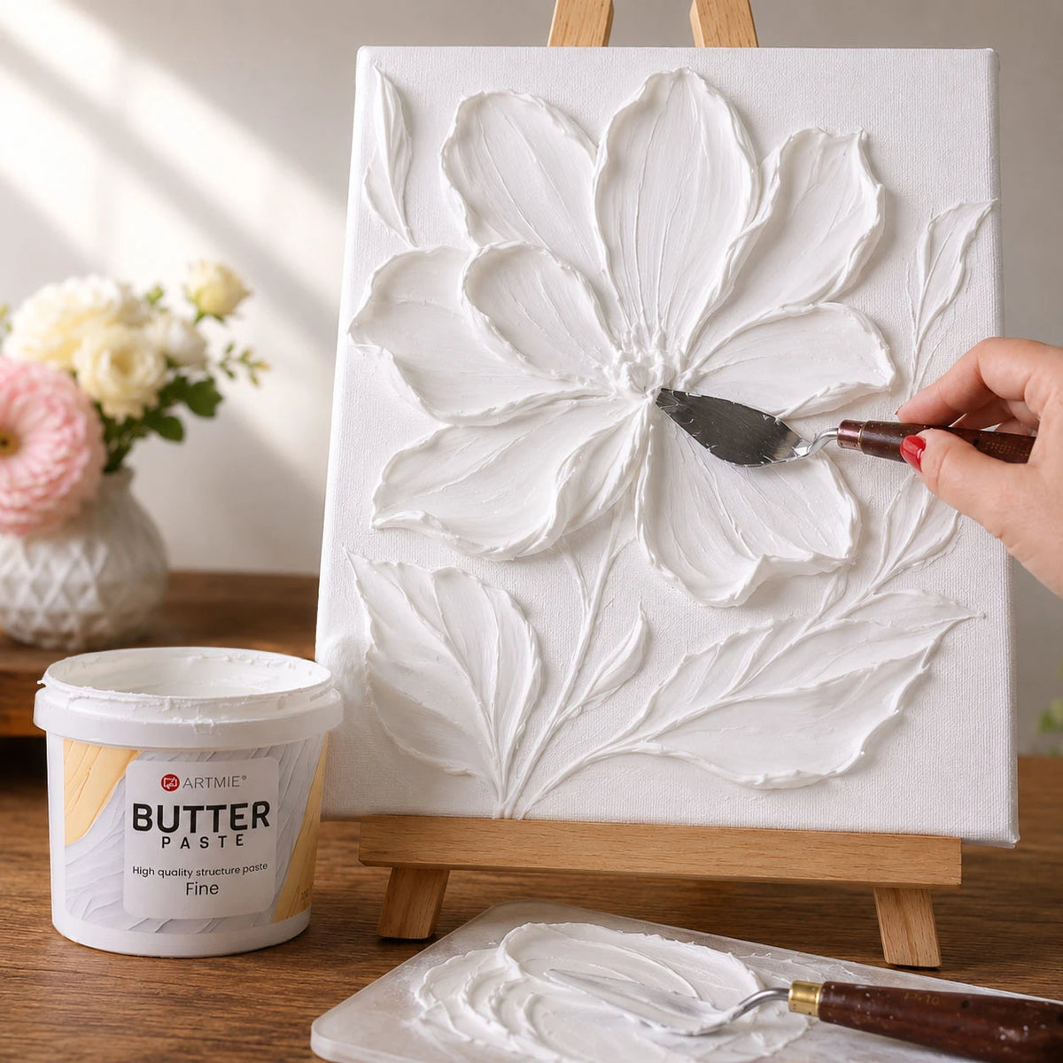 Tablou floral în relief 3D realizat cu pastă de texturare ARTMIE Butter Fine
