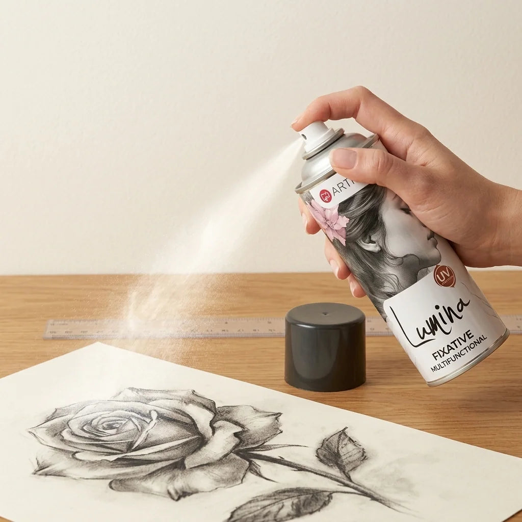 Pulverizarea spray-ului fixativ prin mișcări fluide de la o distanță de 30 cm