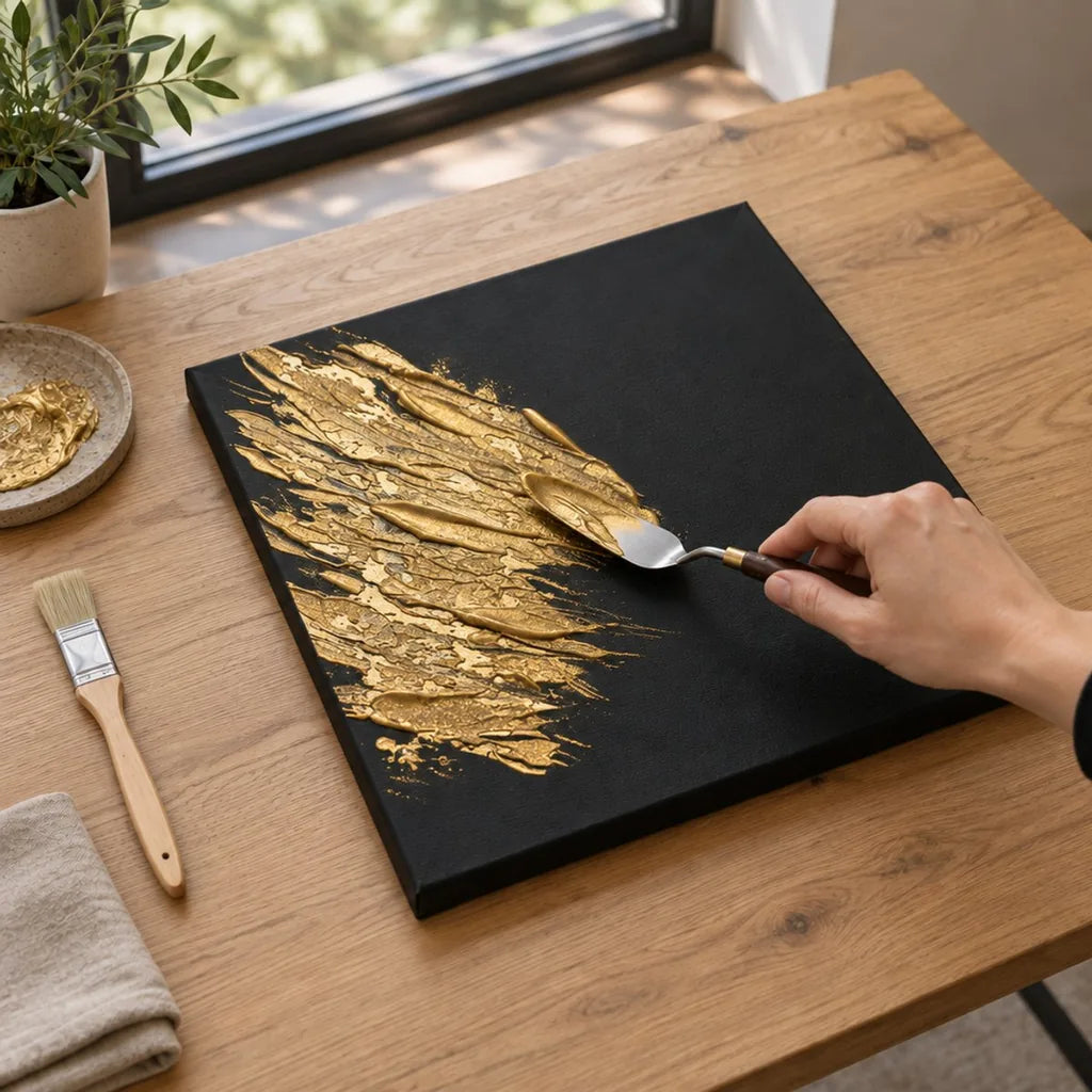 Aplicarea pastei lichide aurii ARTMIE MIDAS cu spatula pe pânză neagră