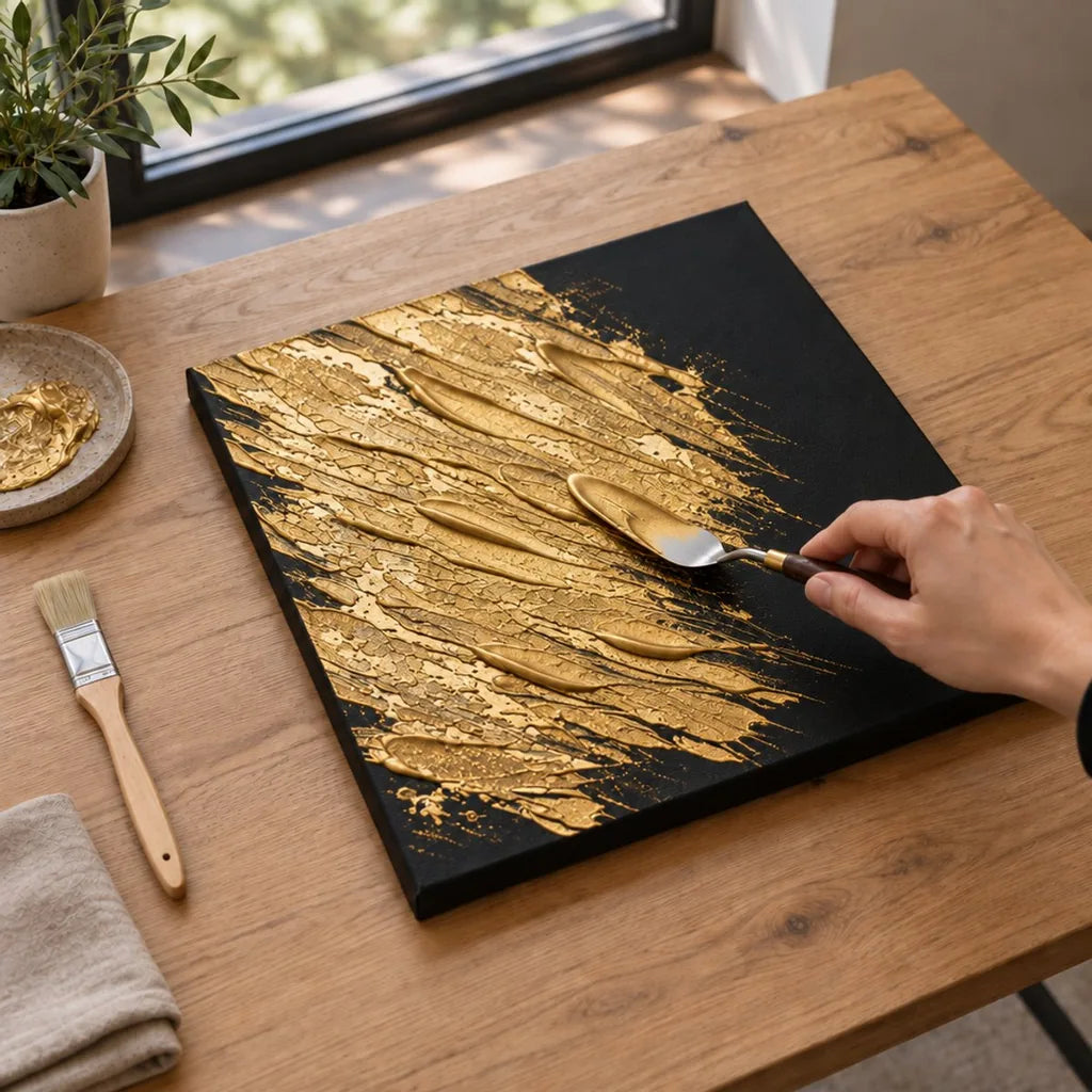 Modelarea texturii în pasta aurie umedă ARTMIE MIDAS — urmă vizibilă de spatulă