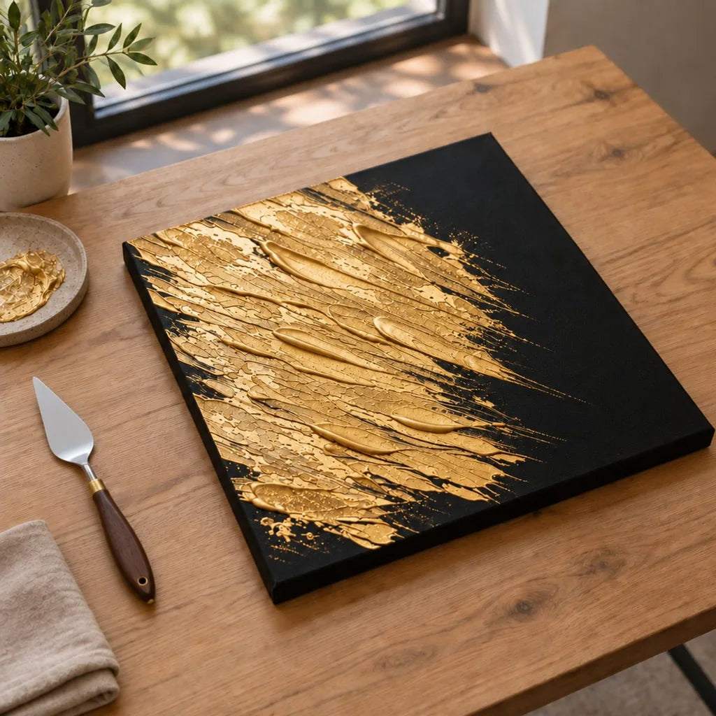 Abstracție finalizată și uscată din pastă aurie lucioasă ARTMIE MIDAS pe pânză neagră
