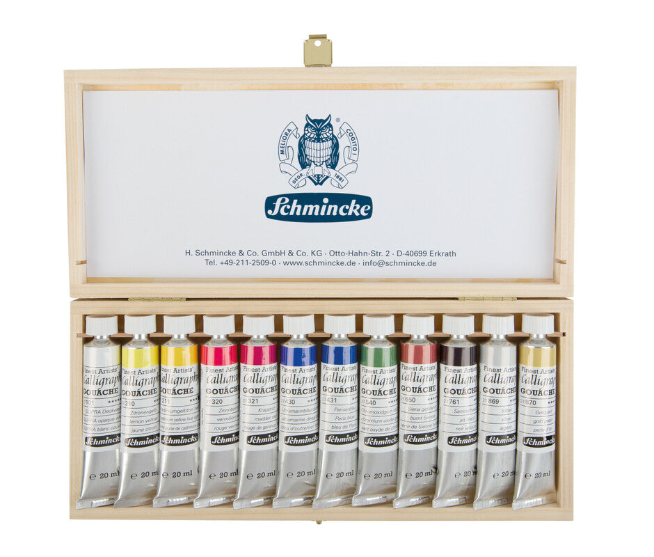 Set culori guașă în cutie de lemn Schmincke Calligraphy Gouache, 12 x 20 ml