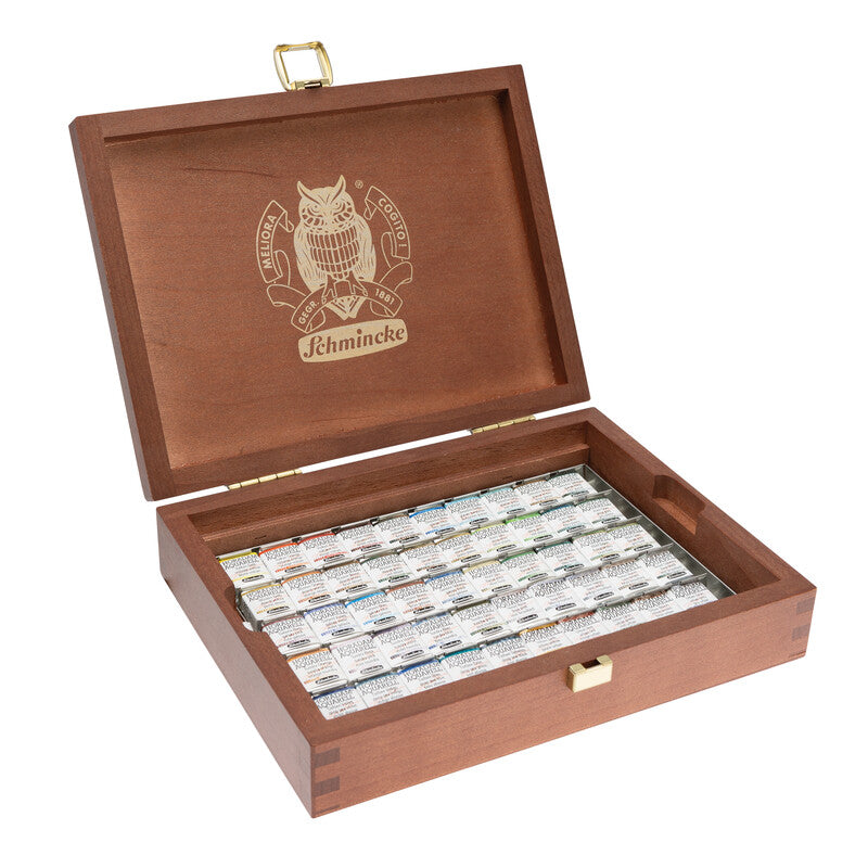 Set culori acuarelă în cutie de lemn Schmincke HORADAM Super Granulation – 50 x 1/2 godete