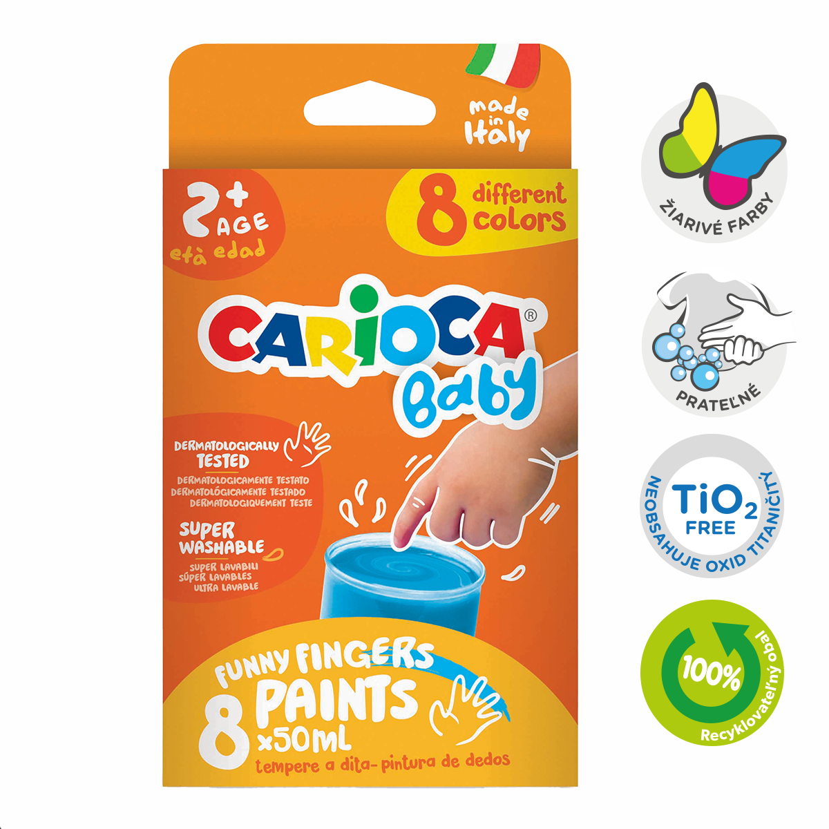 Culori pentru pictat cu degetele Carioca Baby 2+, 8 × 50 ml