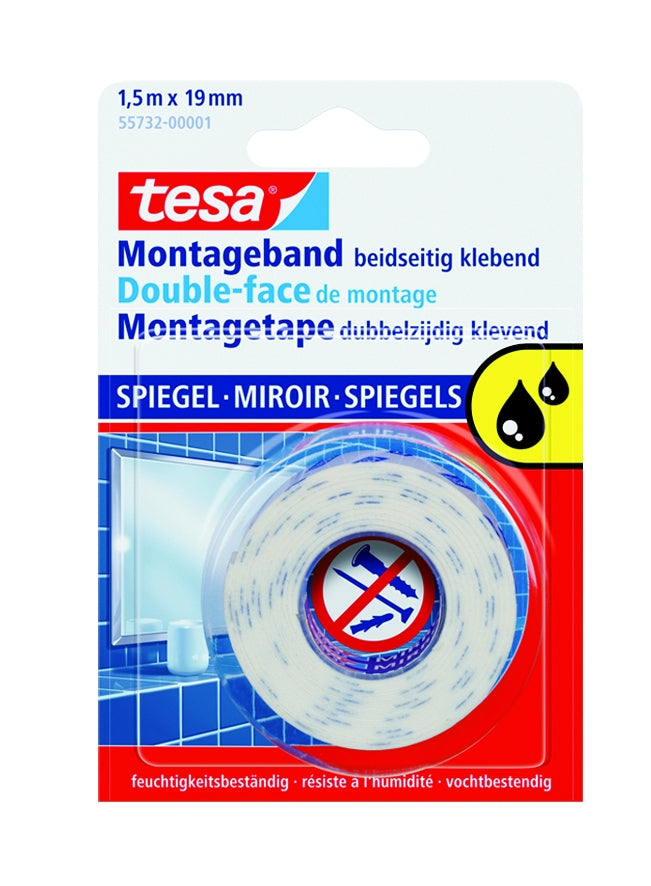 Bandă dublu adezivă din spumă pentru montaj oglinzi tesa, albă, 19 mm