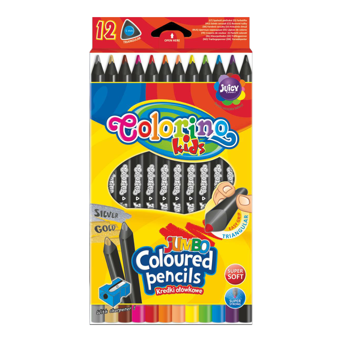 Creioane colorate triunghiulare JUMBO Colorino din lemn negru cu ascuțitoare - 12 culori