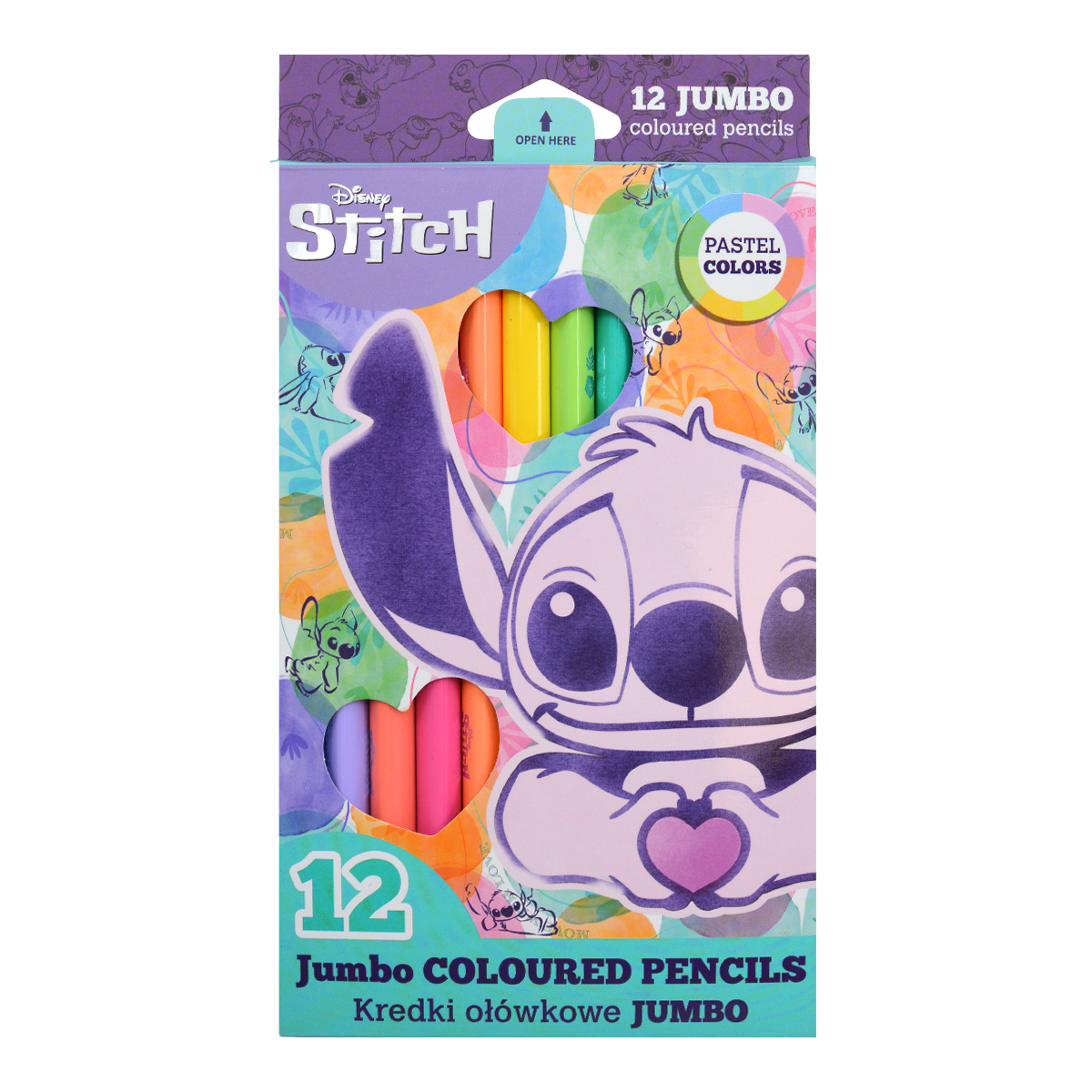 Creioane colorate triunghiulare Colorino JUMBO Stitch Pastel, 12 culori pastelate