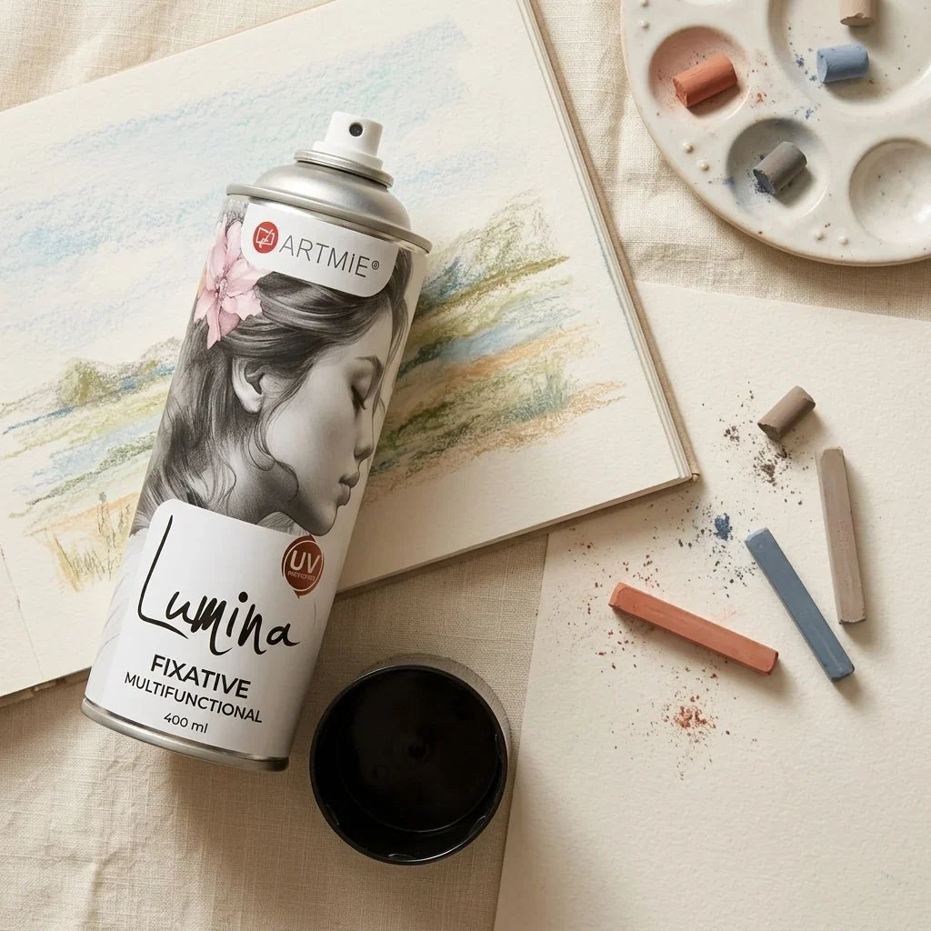 Spray fixator ARTMIE Lumina lângă un desen în pastel, cu cretă uscată și paletă
