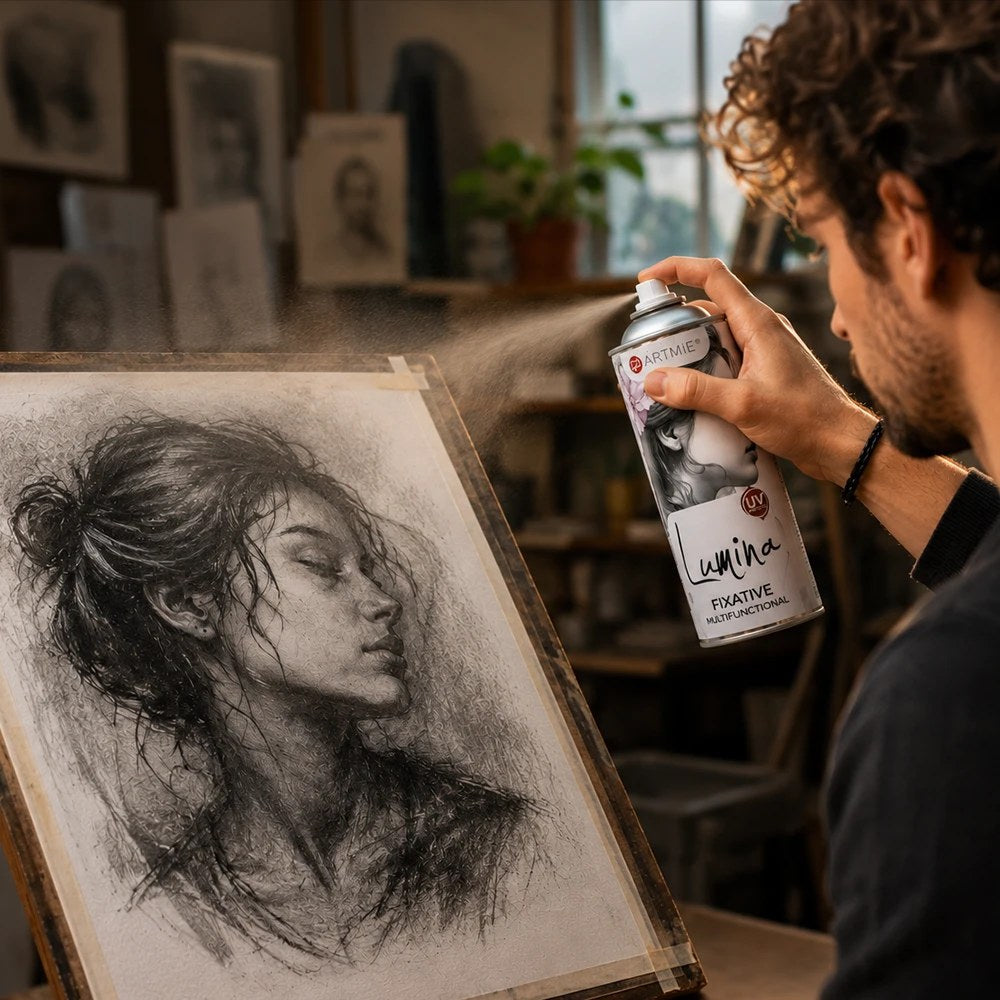 Un artist fixează un desen în cărbune cu sprayul ARTMIE Lumina în atelier