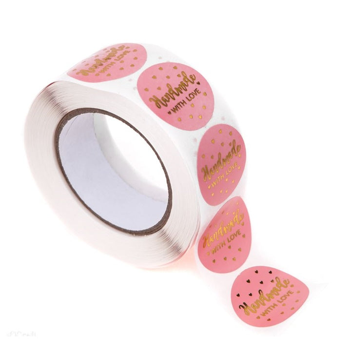 autocolante pe rola handmade with love roz 500 buc ro dpcdpnk 164