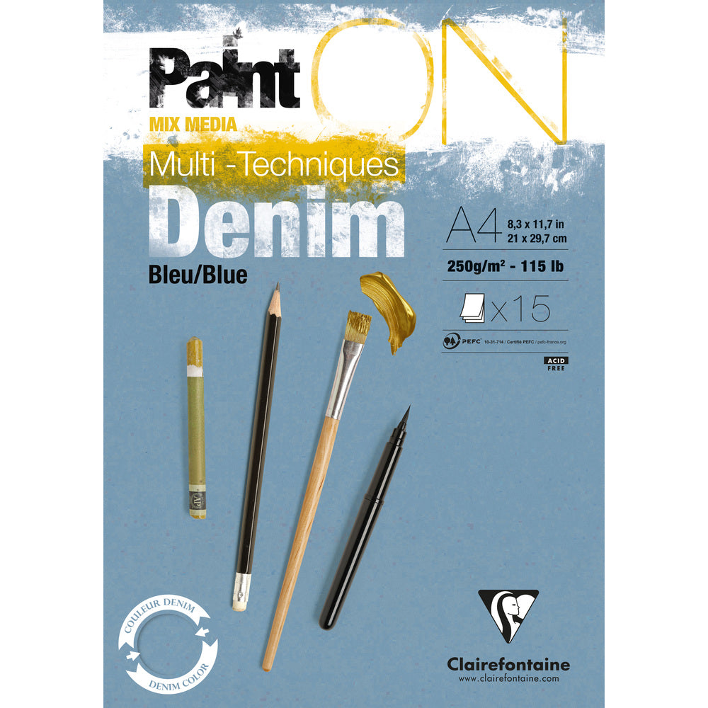 Bloc Clairefontaine Paint'On Mix Media 250 g cu foi lipite – 15L A4 Albastru Denim