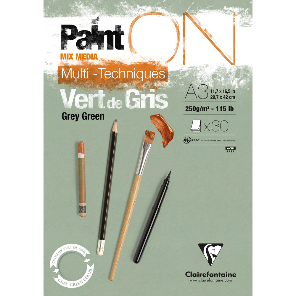 Bloc Clairefontaine Paint'On Mix Media 250 g cu foi lipite – 30L A3 Verde Gri