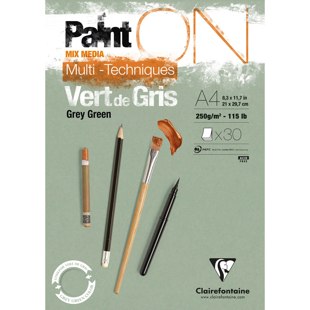 Bloc Clairefontaine Paint'On Mix Media 250 g cu foi lipite – 30L A4 Verde Gri