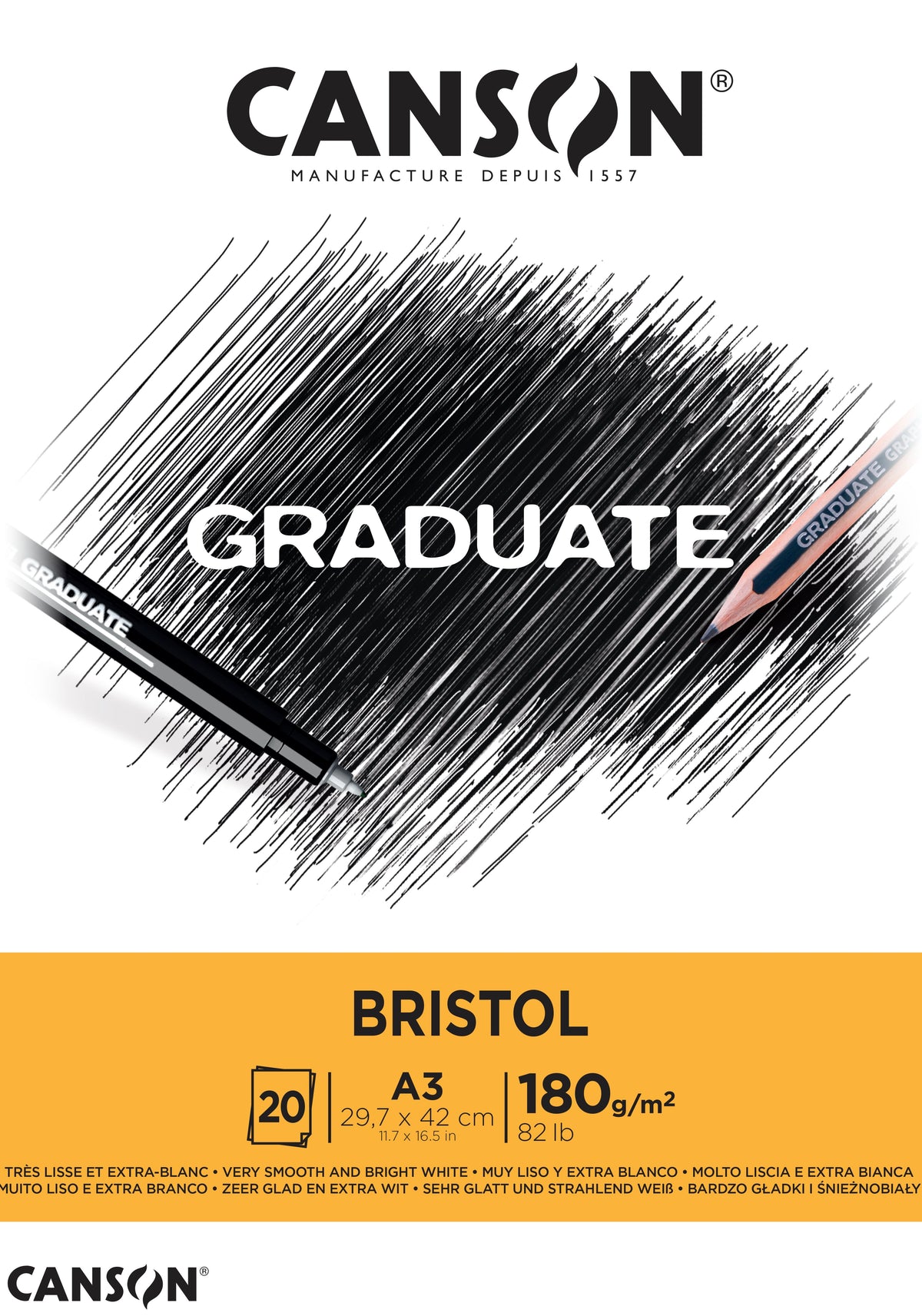 Bloc de desen CANSON Graduate Bristol 180 g/m² - 20 file, A3, lipit