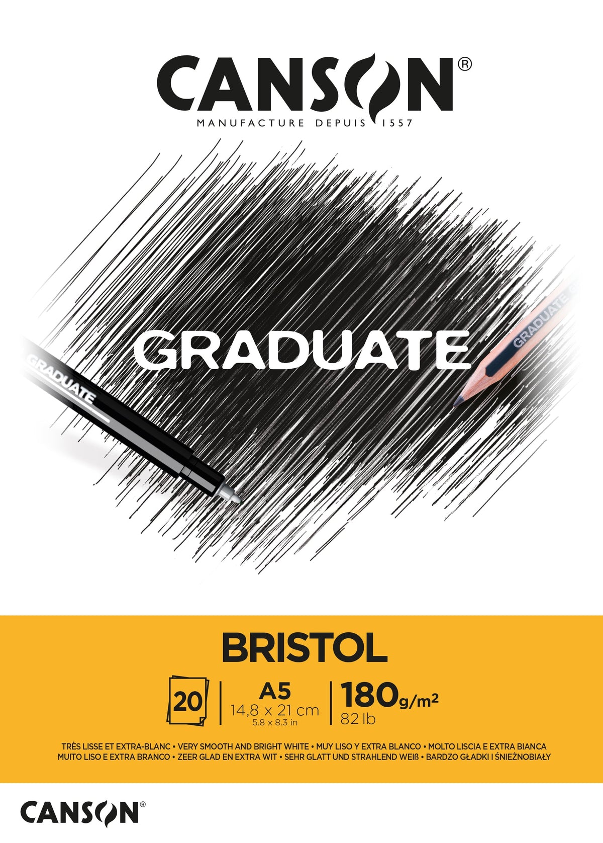 Bloc de desen Canson Graduate Bristol 180 g/m² - 20 file, A5 lipit