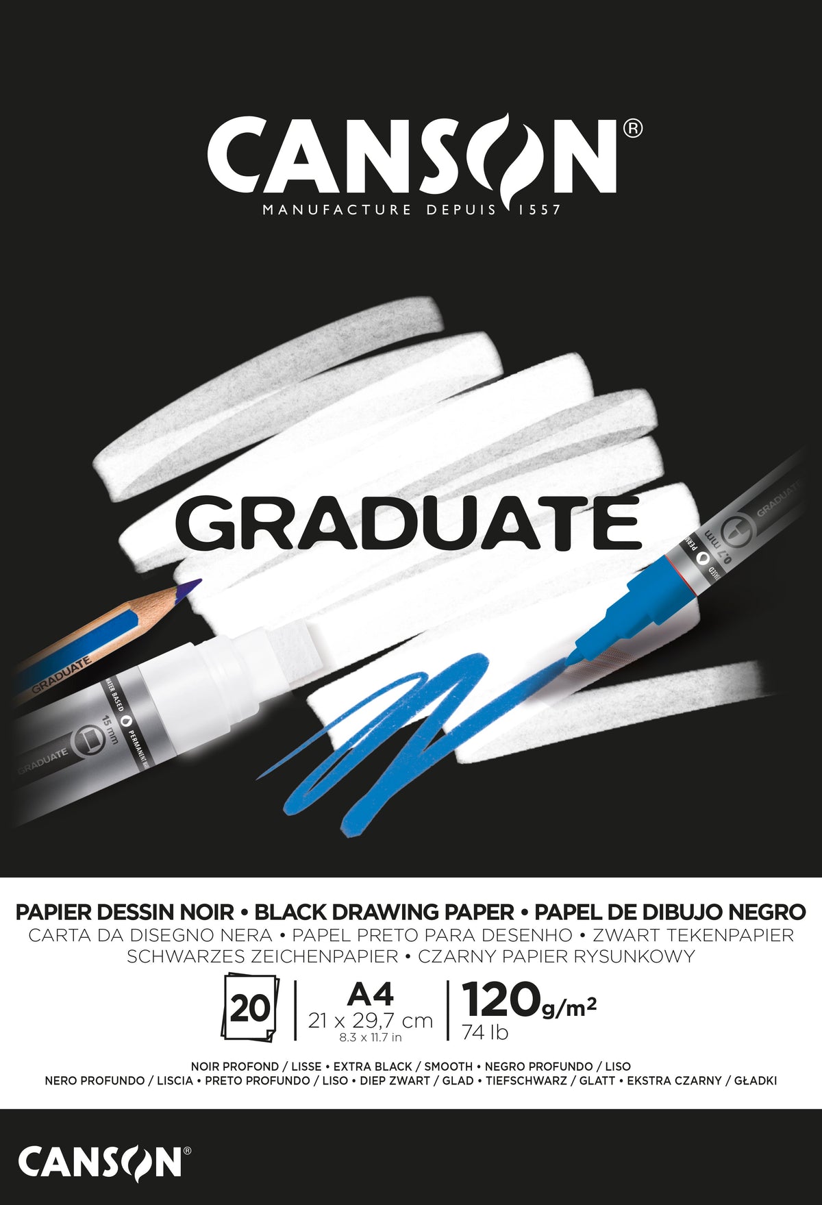 Bloc de desen cu hârtie neagră Canson Graduate 120 g/m² A4 lipit - 20 file
