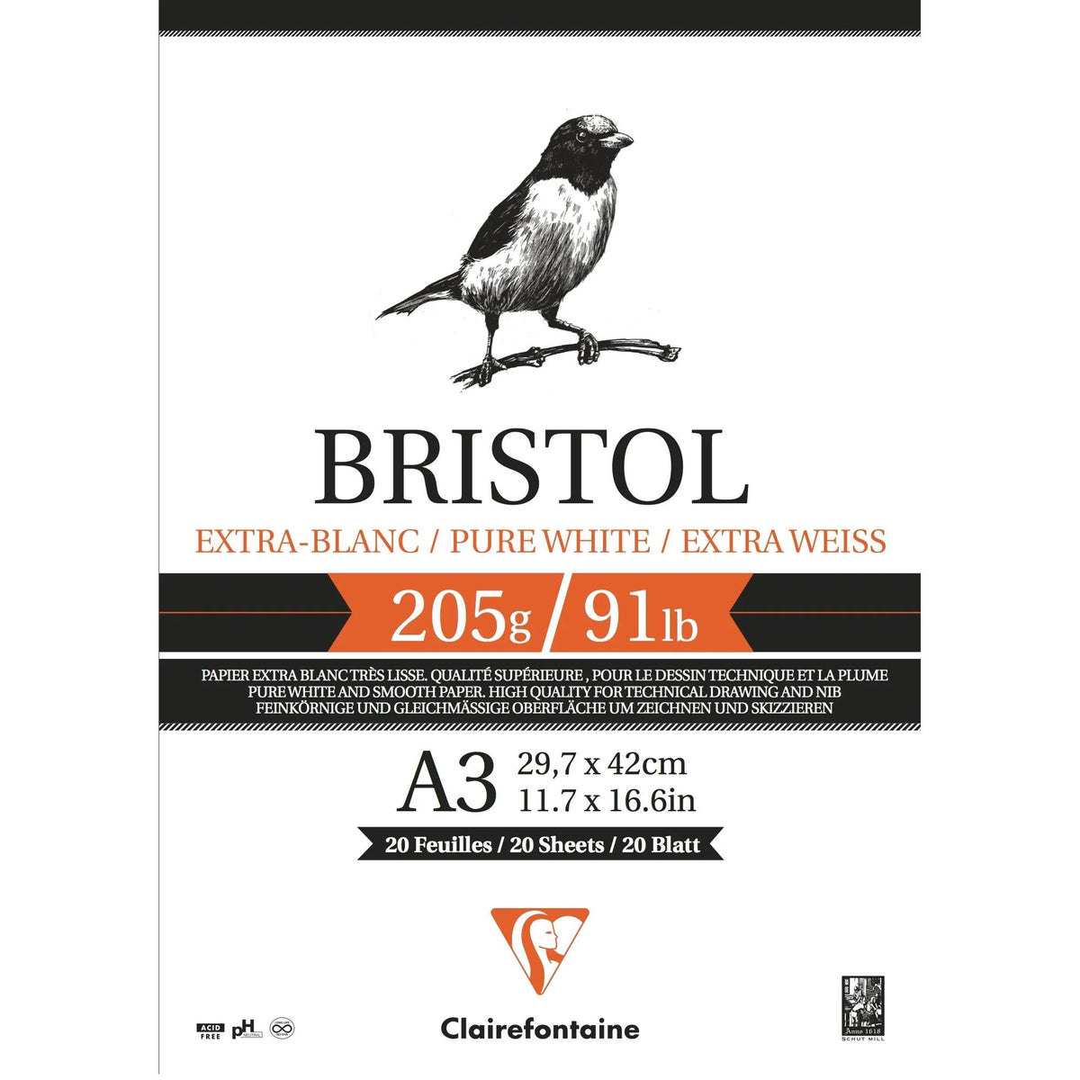 Bloc desen Clairefontaine Bristol 205 g/m² – 20 file, A4 – A3