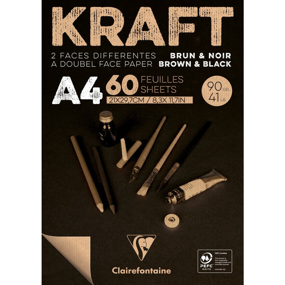 Bloc hârtie kraft lipită Clairefontaine – 90 g 60 file A4 Maro și Negru