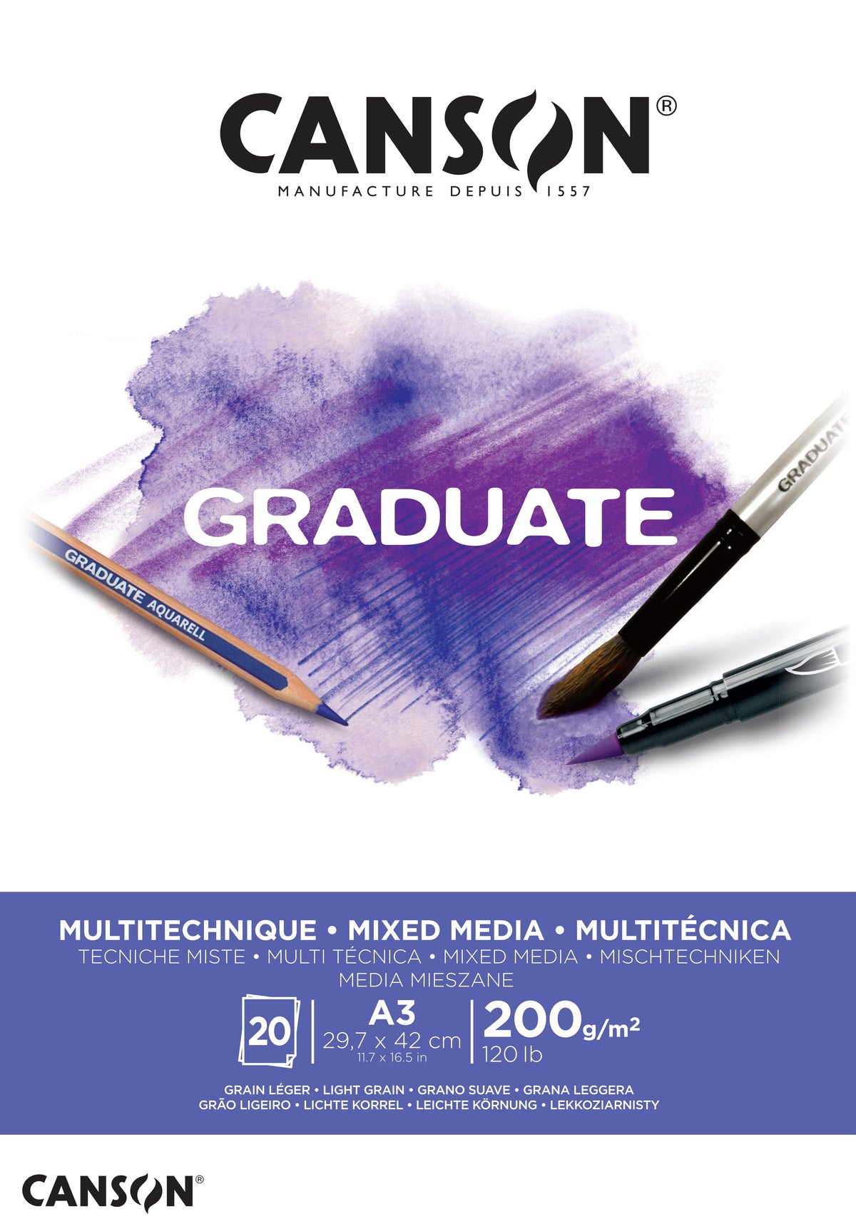 Bloc mix media alb Canson Graduate 200 g/m² - 20 file, A3, lipit
