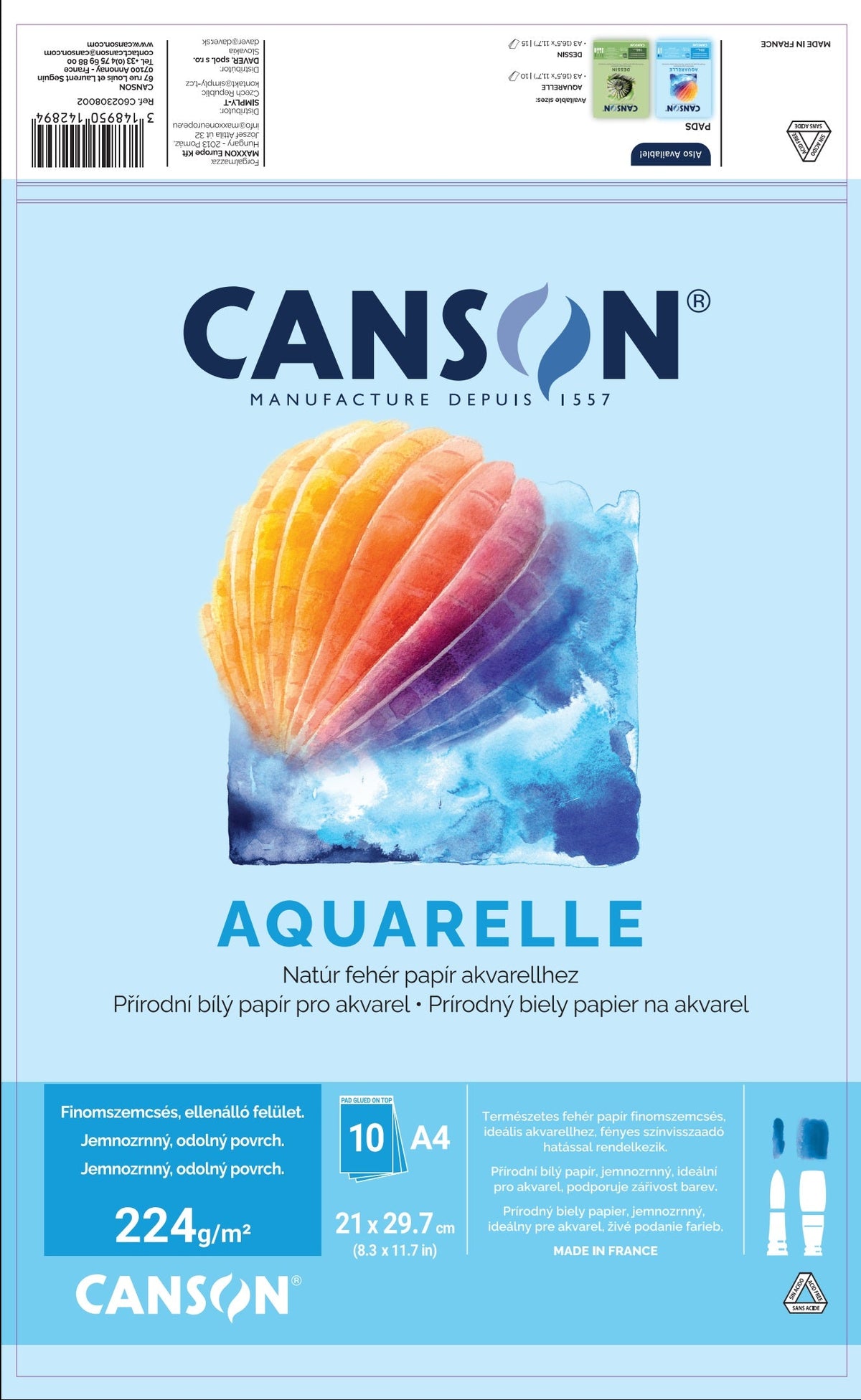 Bloc pentru acuarelă Canson CP 224 g/m² 10 file A4 lipit