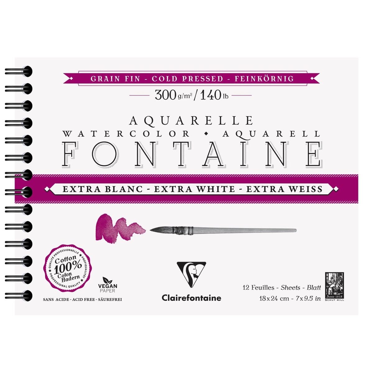 Bloc pentru acuarelă Clairefontaine Fontaine CP extra alb 300 g 18 x 24 cm - 12 file
