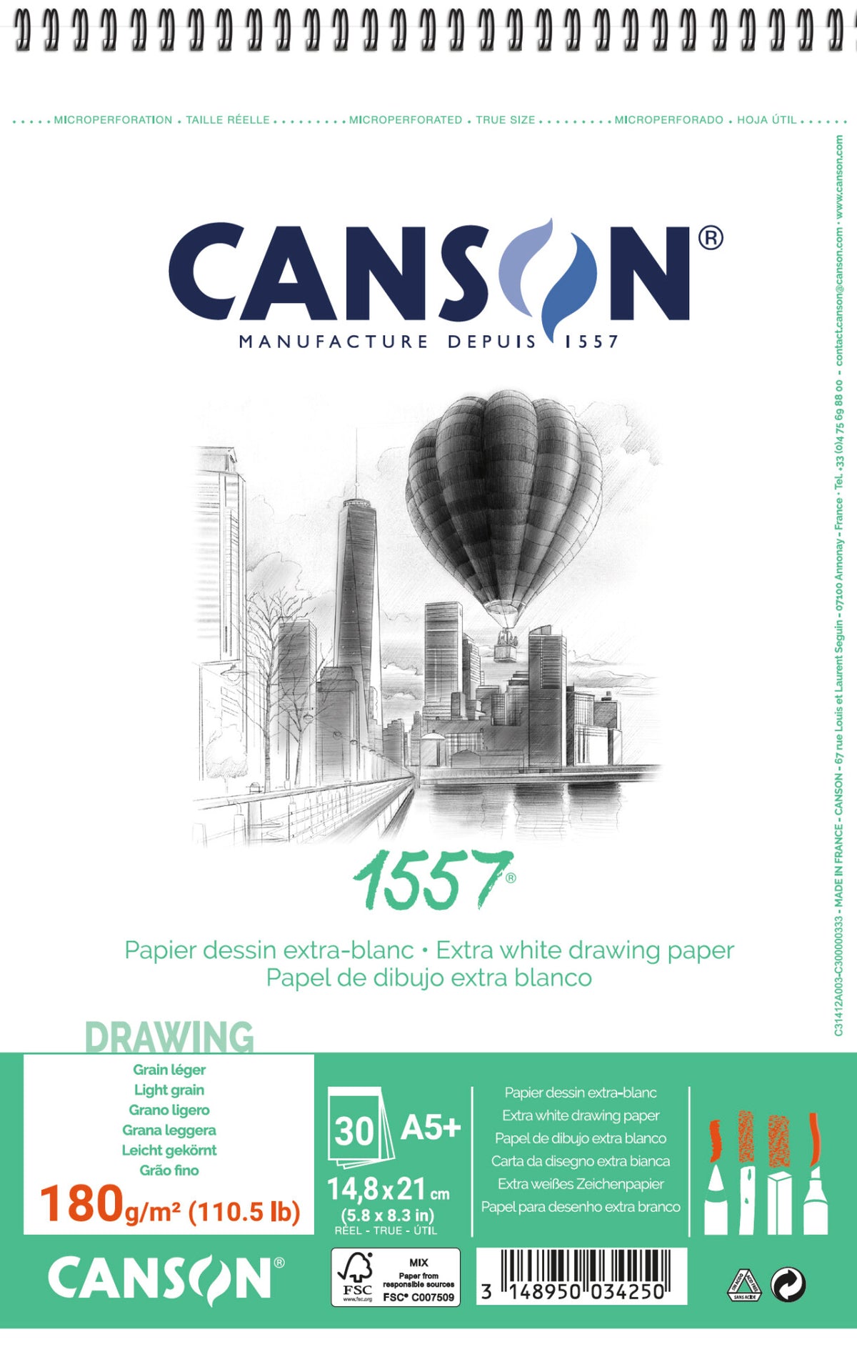 Bloc pentru schițe CANSON 1557 180 g/m² A5 30 file, cu spirale