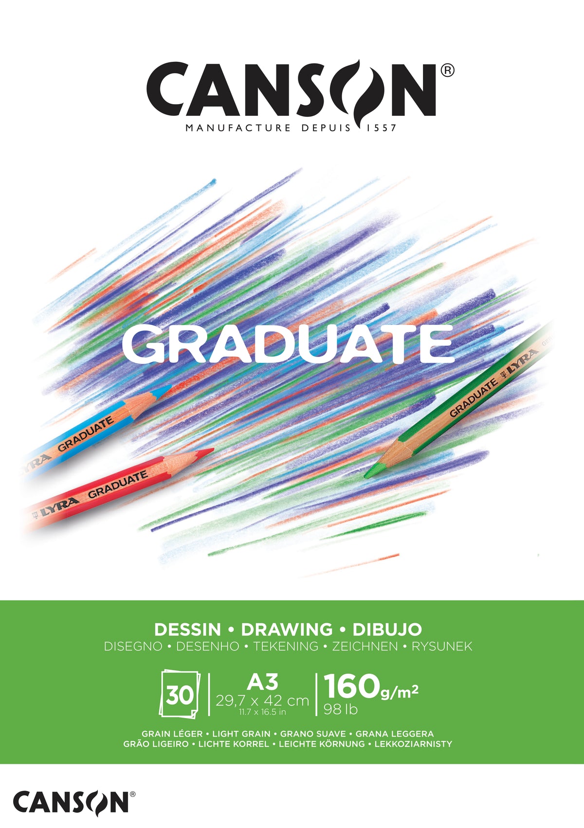 Bloc pentru desen Canson Graduate Drawing White 160 g/m² - 30 file, A3, lipit