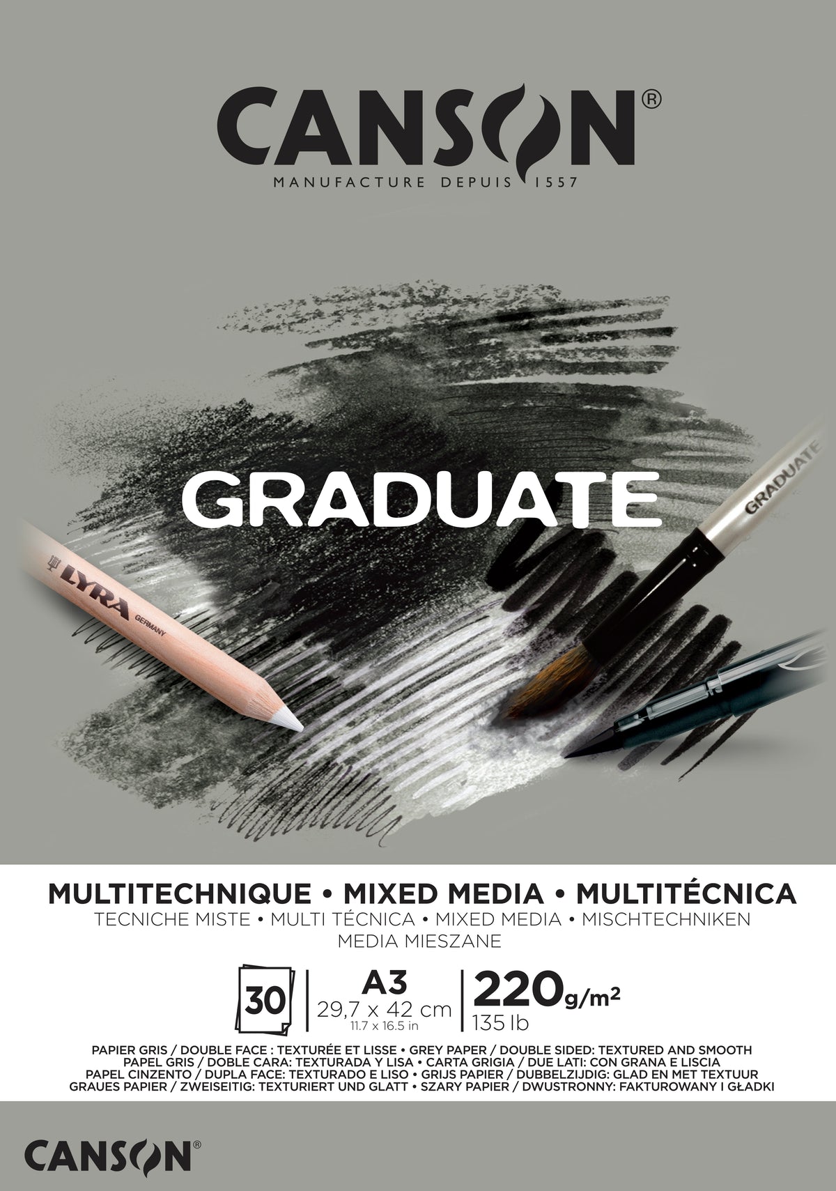 Bloc CANSON Graduate Mix Media gri 220 g A3, 30 file, lipit