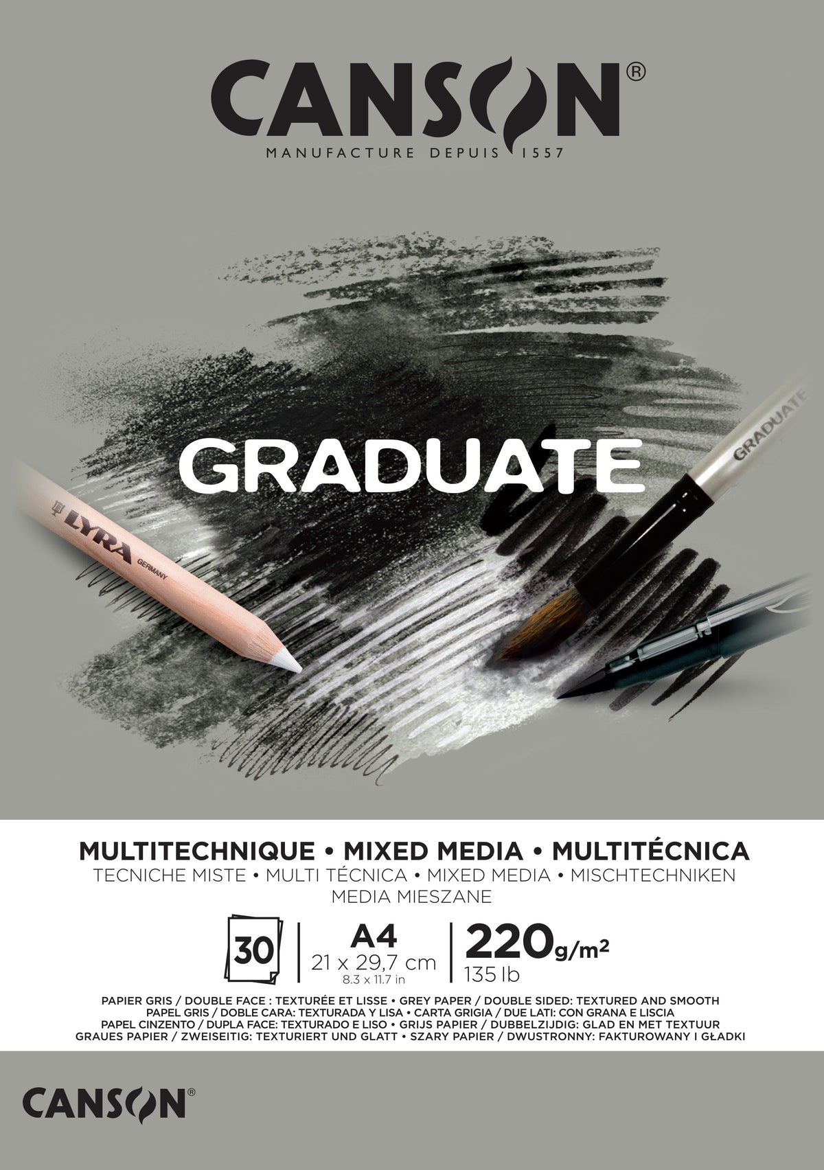 Bloc Canson Graduate Mix Media Grey 220 g/m² - 30 file, A4, lipit