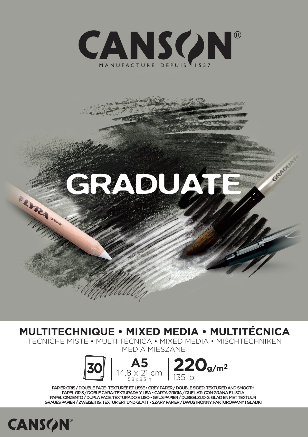 Bloc CANSON Graduate Mix Media gri 220 g A5 - 30 file cu lipire