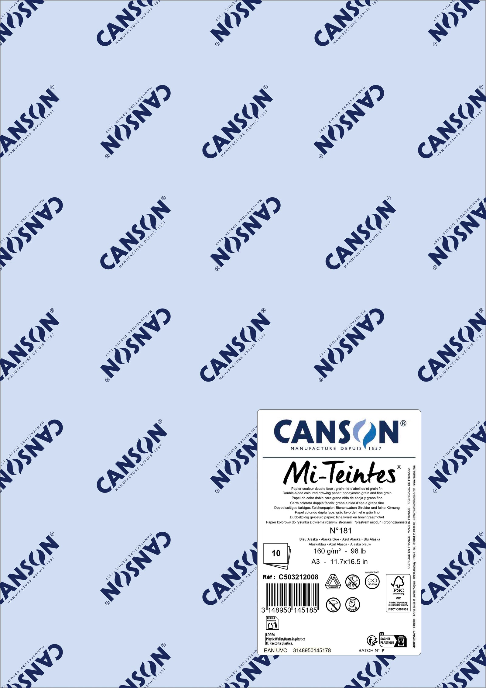 Hârtie pentru pastel Canson Mi-Teintes A3 160 g - 10 coli – Albastru Alaska 181