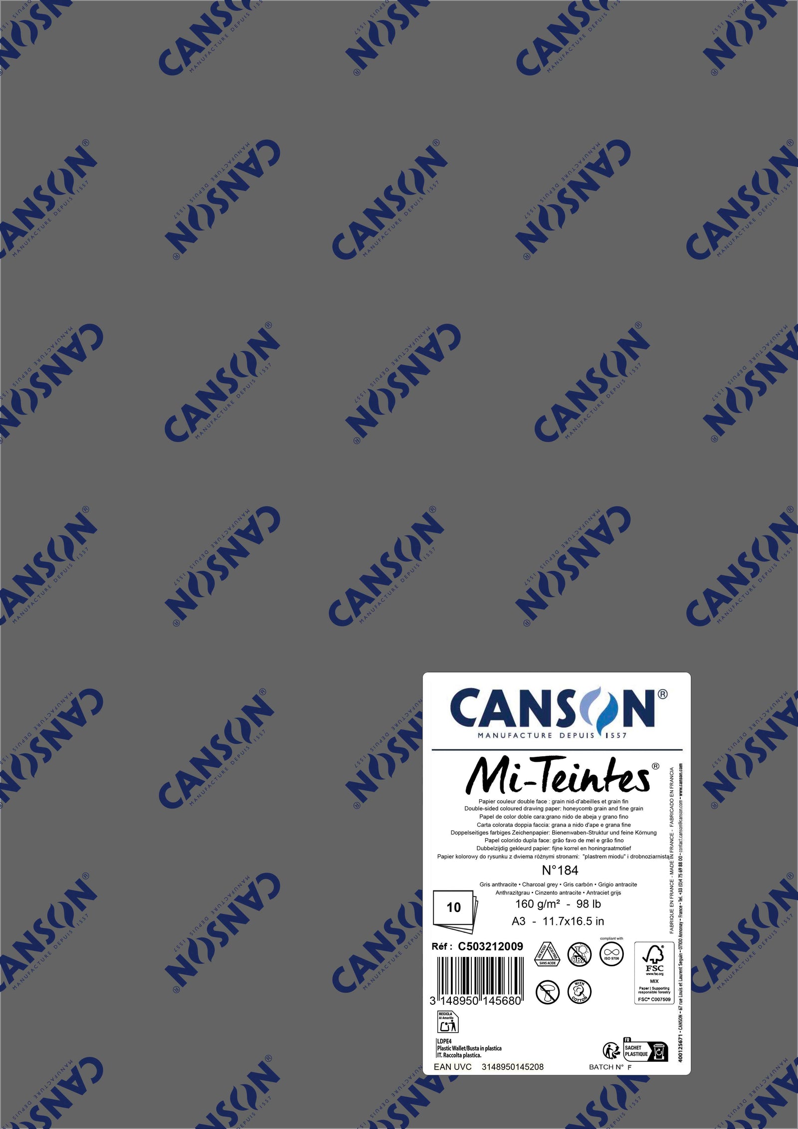 Hârtie pentru pastel Canson Mi-Teintes A3 160 g - 10 coli – Gri cărbune 184