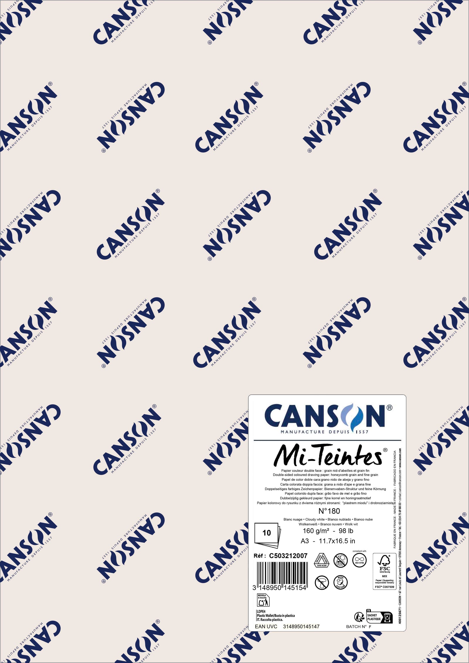 Hârtie pentru pastel Canson Mi-Teintes A3 160 g - 10 coli – Alb noros 180