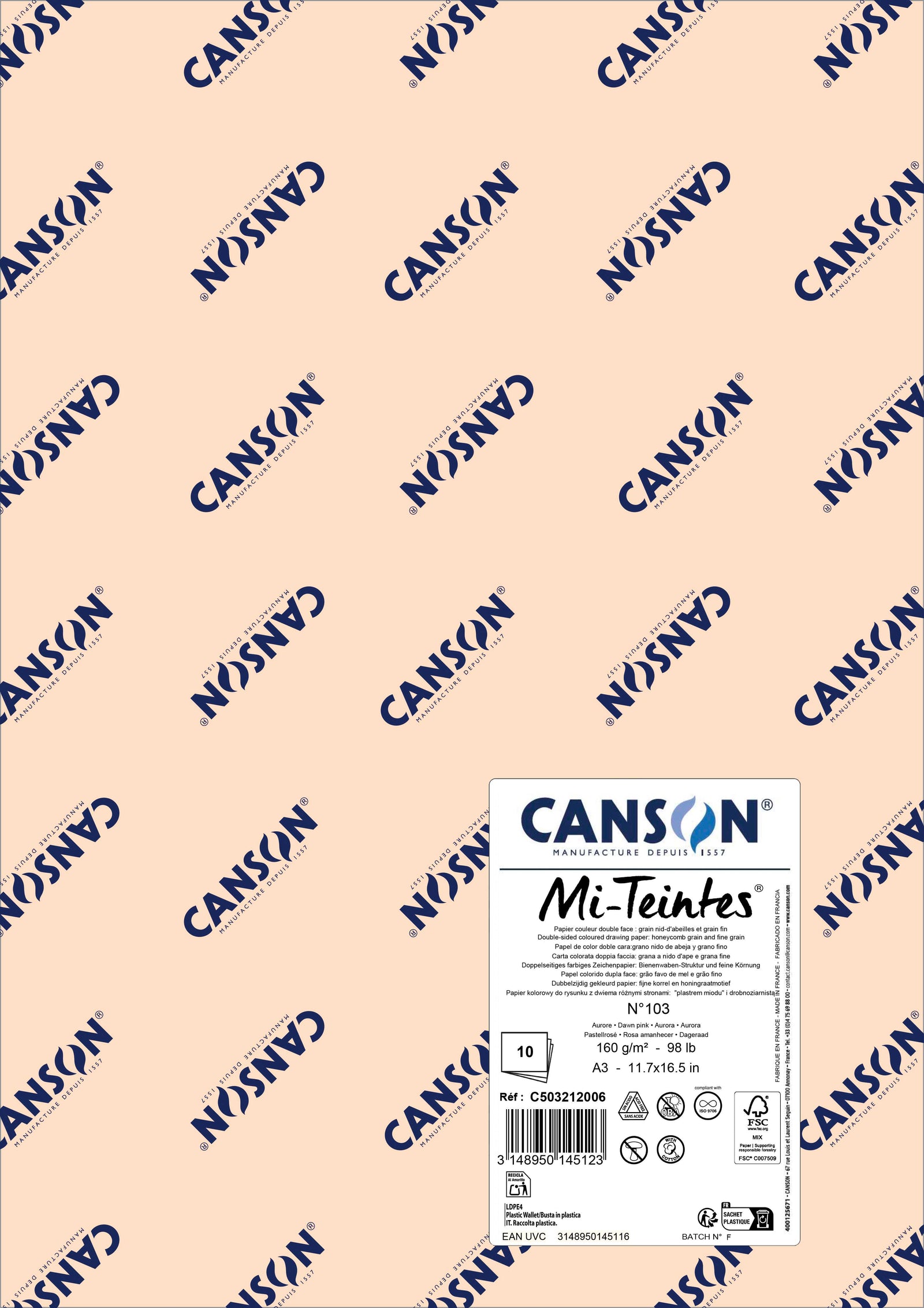 Hârtie pentru pastel Canson Mi-Teintes A3 160 g - 10 coli – Roz răsărit 103