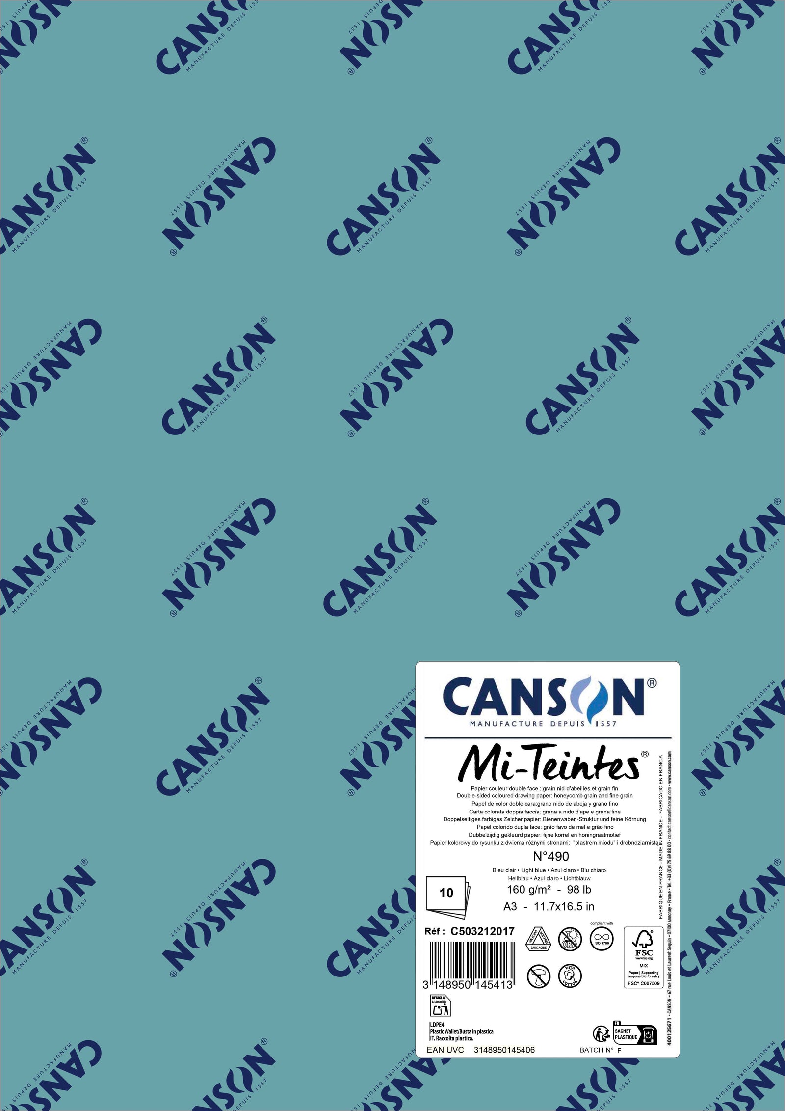 Hârtie pentru pastel Canson Mi-Teintes A3 160 g - 10 coli – Albastru deschis 490