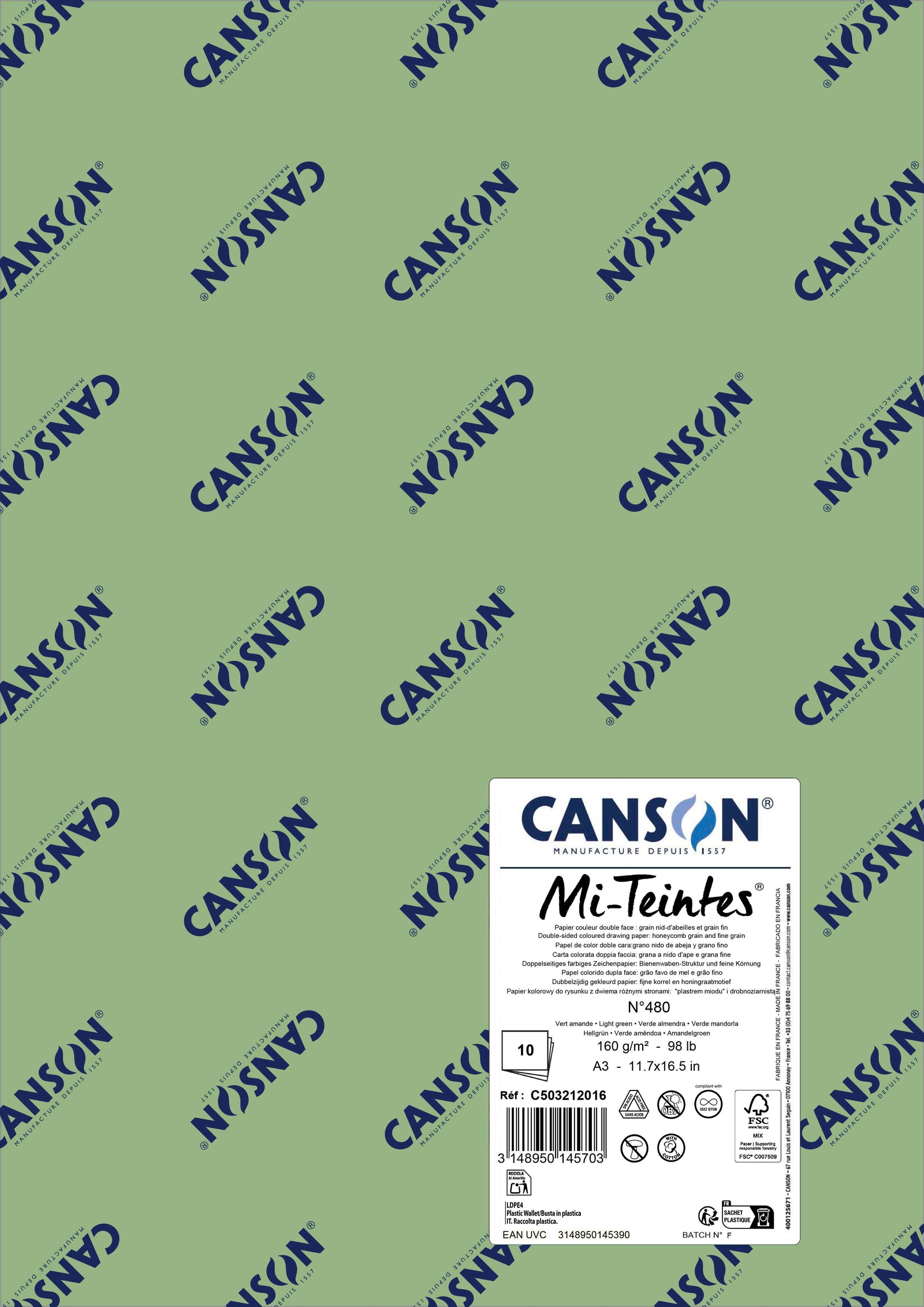 Hârtie pentru pastel Canson Mi-Teintes A3 160 g - 10 coli – Verde deschis 480