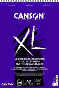 Bloc Canson XL Fluid Mix Media 250 g/m², 30 file, A3, spirală