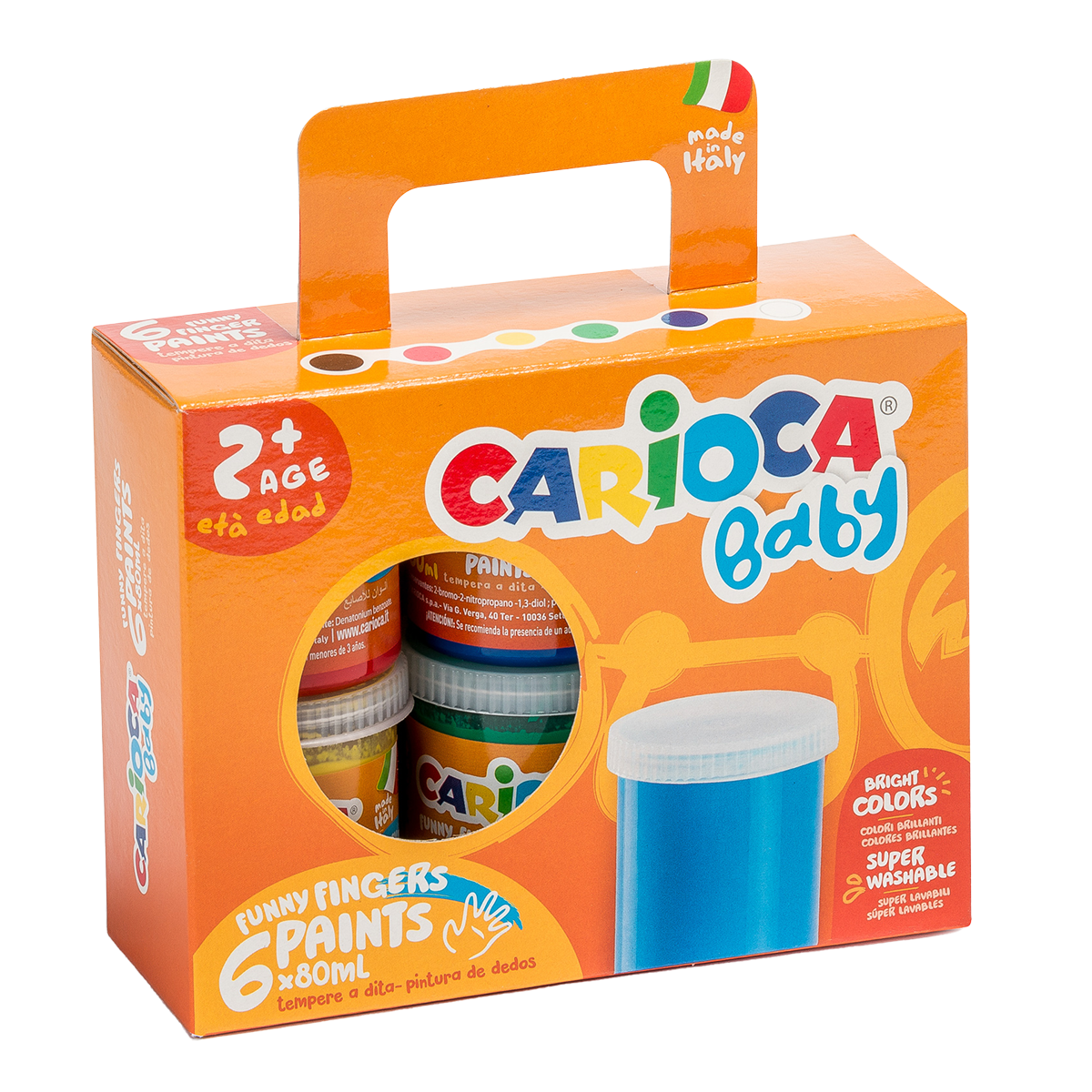 Carioca culori pentru pictat cu degetele Baby 2+, valiză din carton, 6 × 80 ml