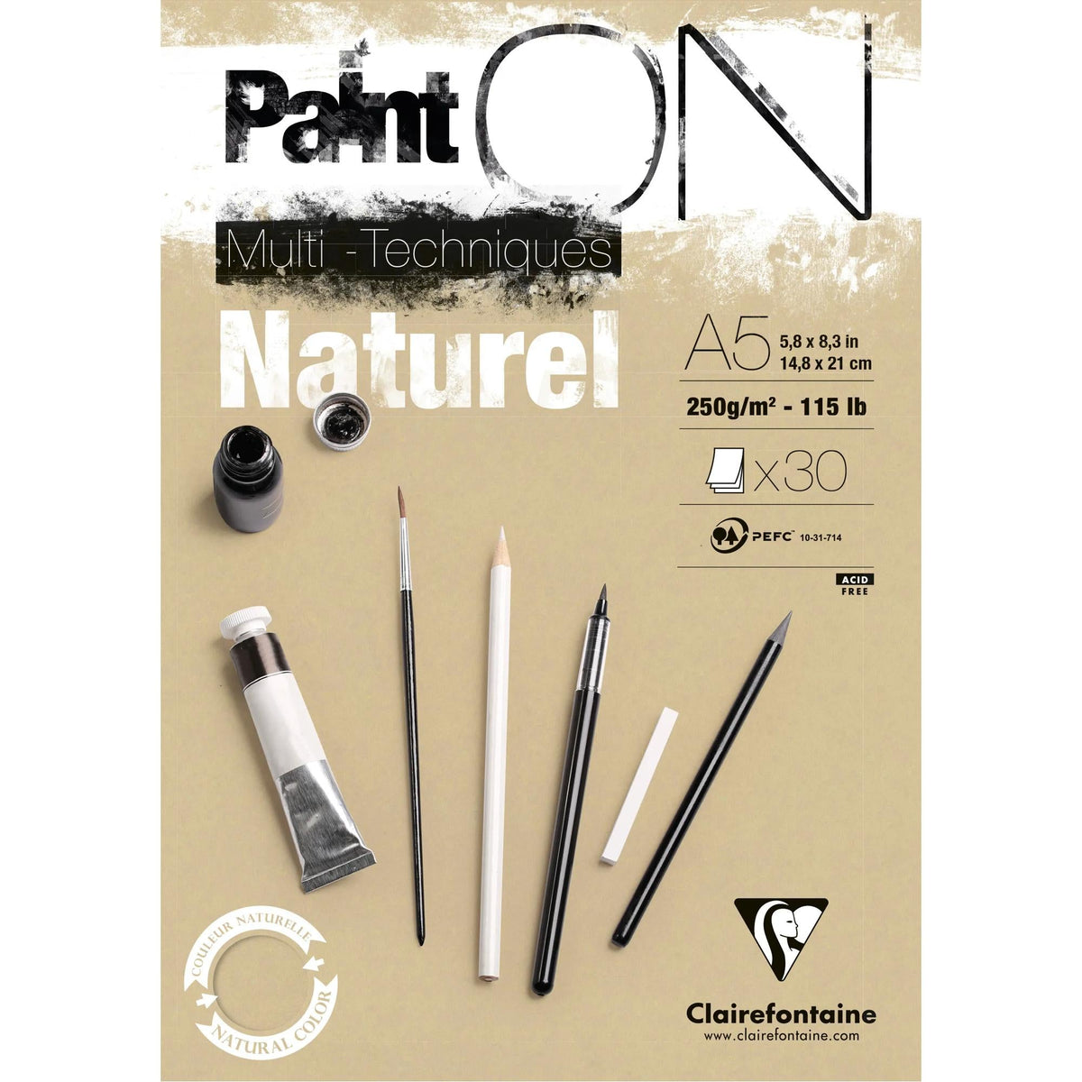 Bloc pentru tehnici mixte Clairefontaine Paint'On natur 250 g/m² – 30 file – A5