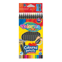 Creioane colorate triunghiulare Colorino din lemn negru cu ascuțitoare - 12 culori