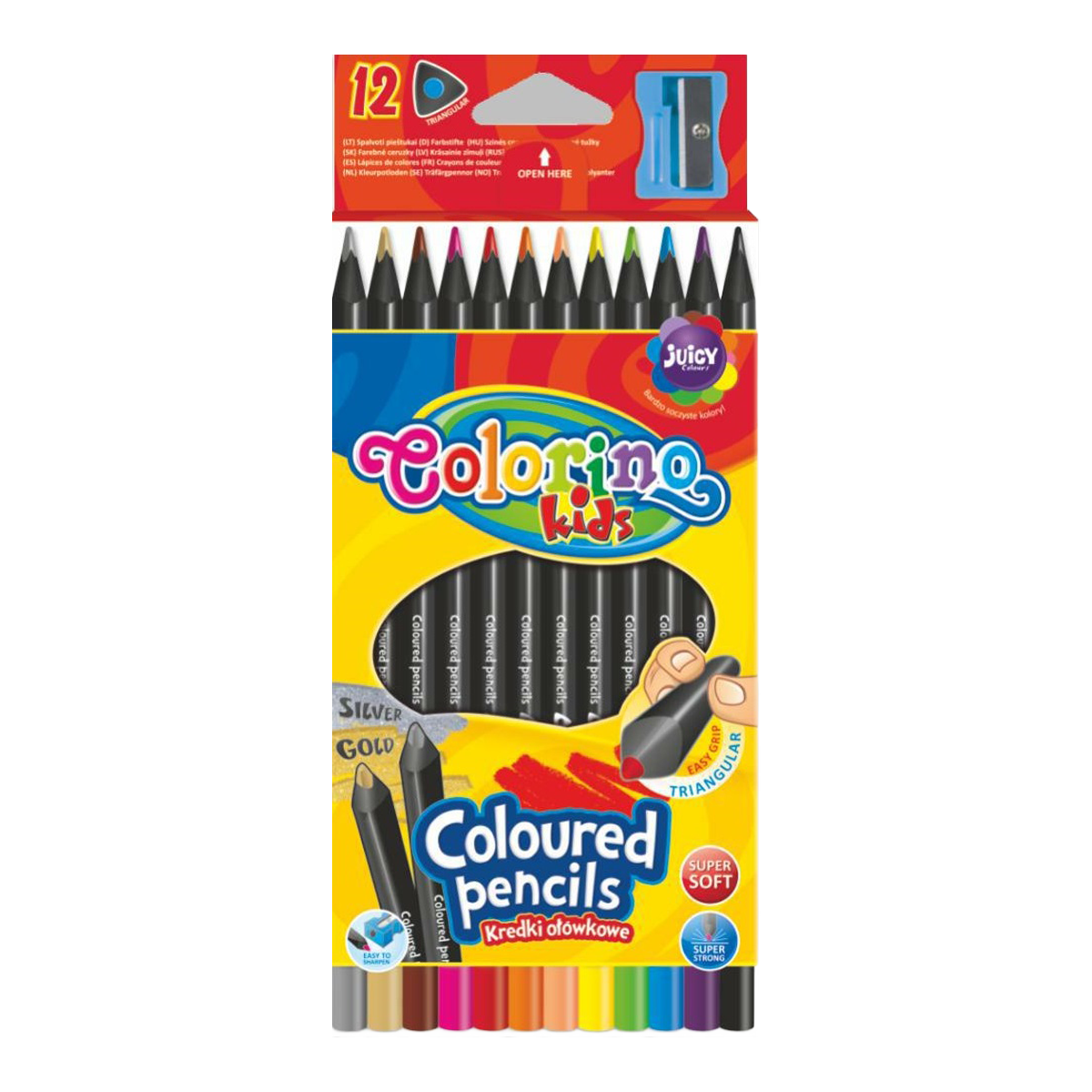 Creioane colorate triunghiulare Colorino din lemn negru cu ascuțitoare - 12 culori