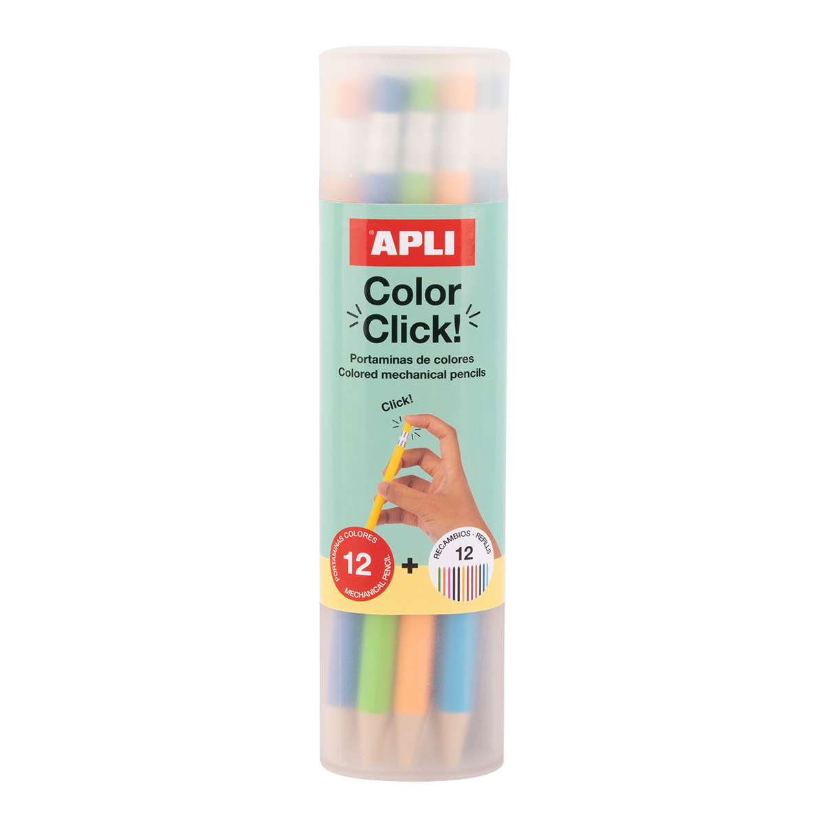 Creioane mecanice colorate APLI Color Click, 12 buc cu mine de rezervă și ascuțitoare