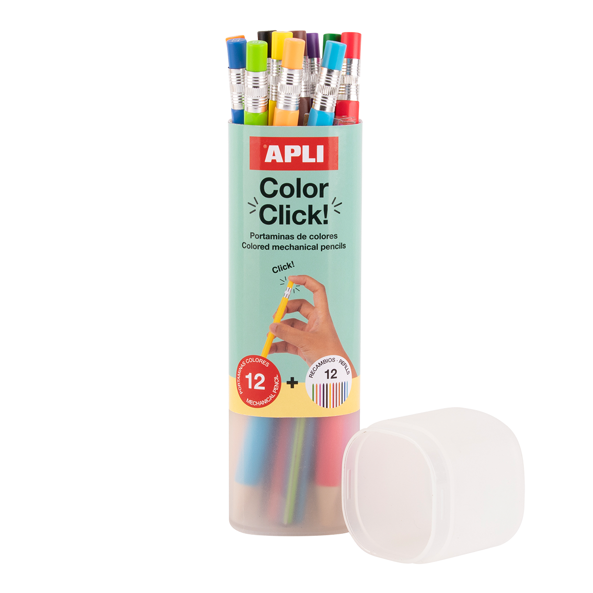 Creioane mecanice colorate APLI Color Click, 12 buc cu mine de rezervă și ascuțitoare