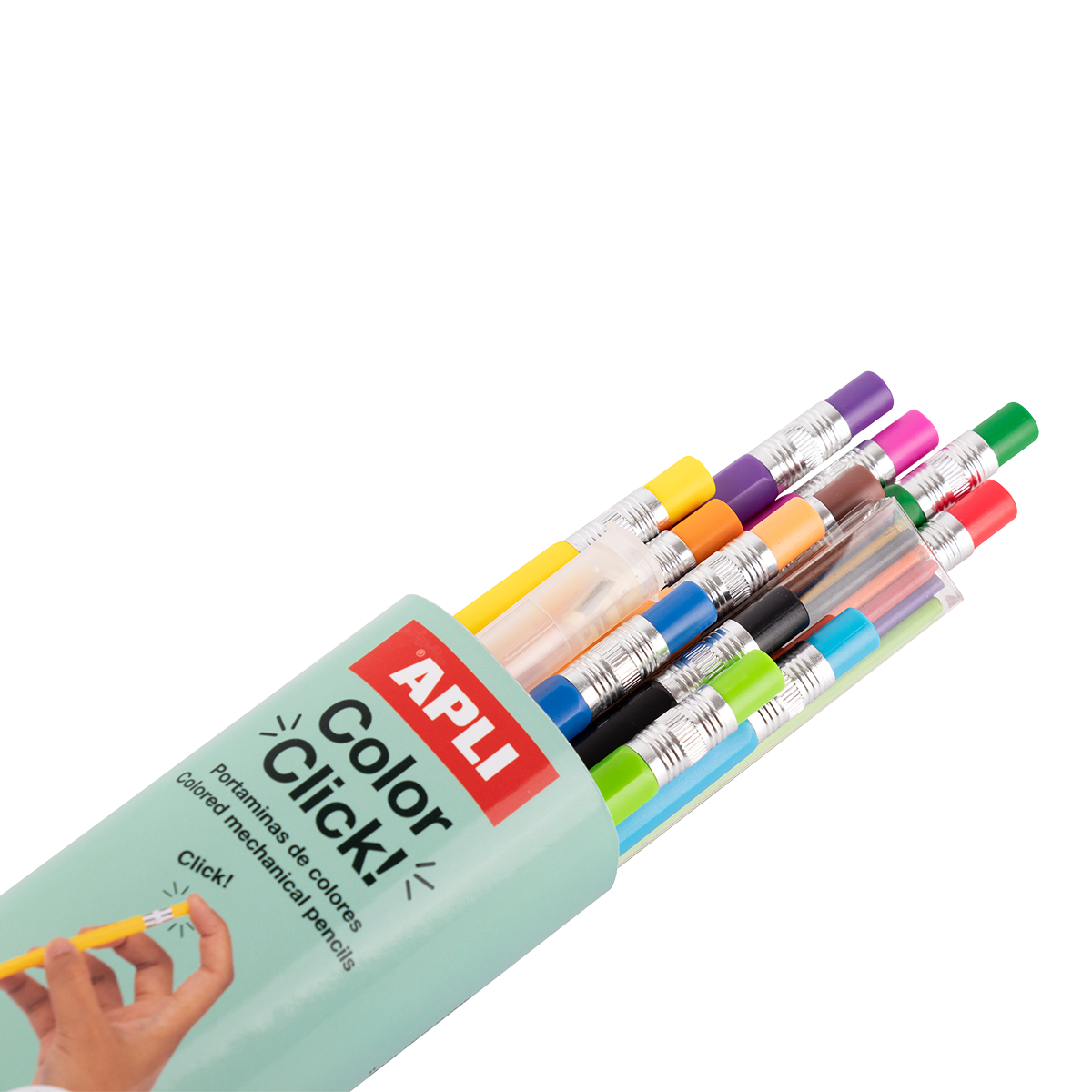 Creioane mecanice colorate APLI Color Click, 12 buc cu mine de rezervă și ascuțitoare