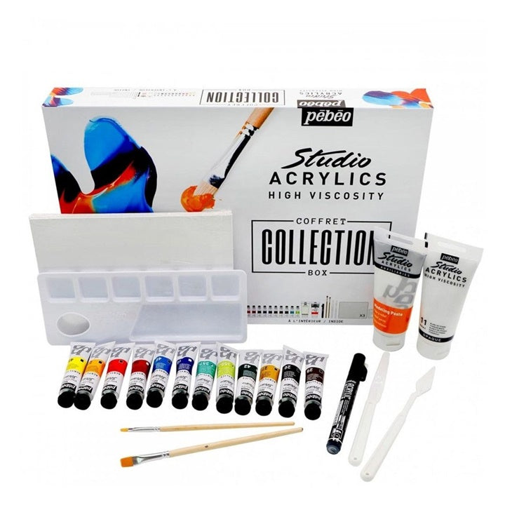 culori acrilice pebeo studio acrylics box cu accesorii 23 piese ro pbo833309