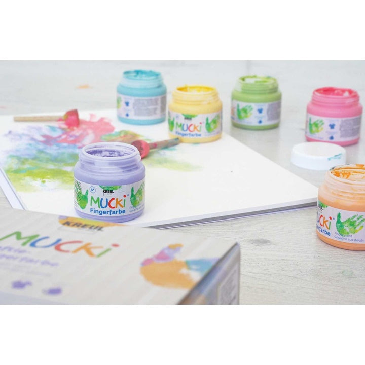 Culori de degete pentru copii în nuanțe pastelate MUCKI / set 6 x 150 ml