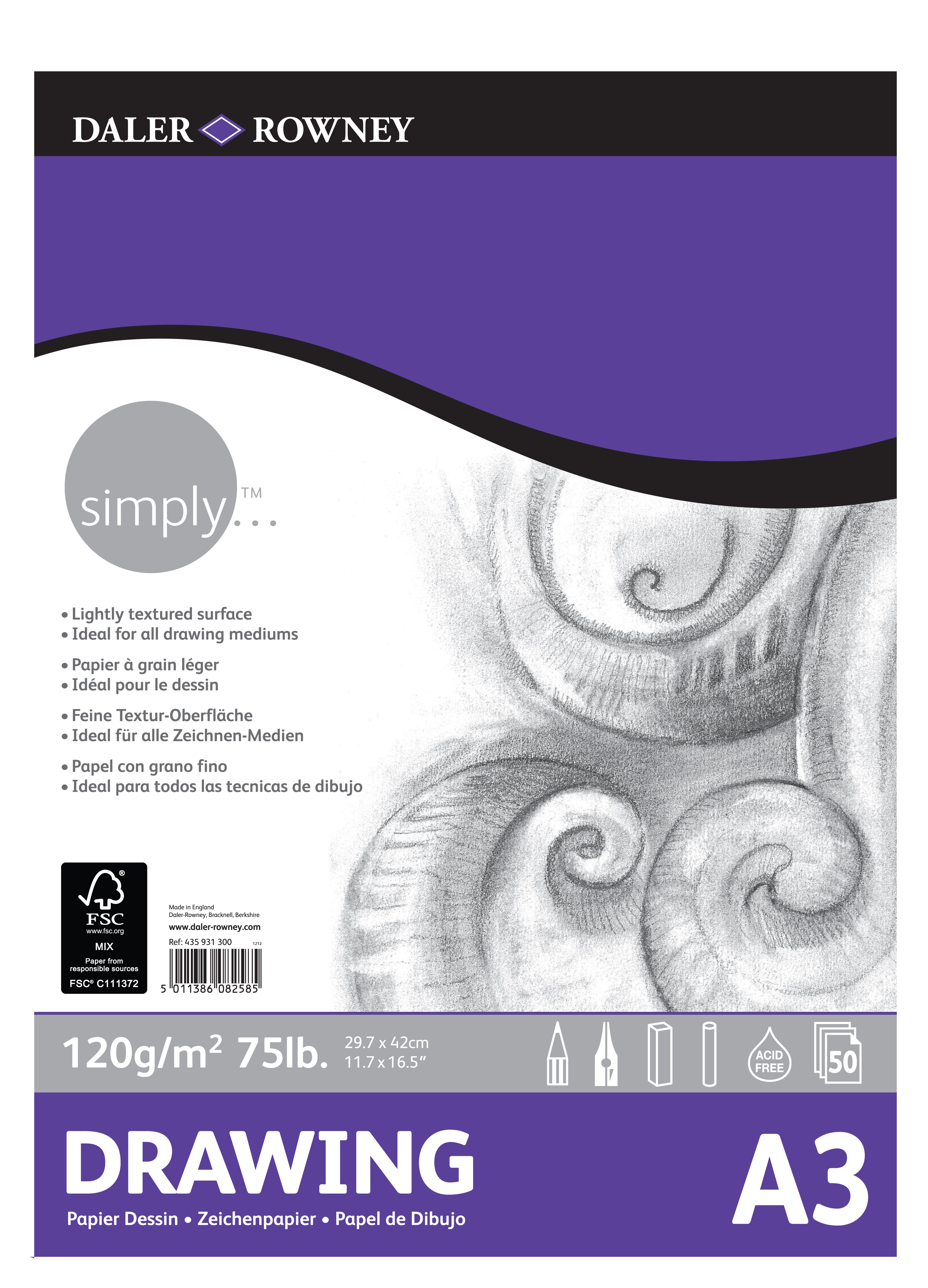 Bloc de schițe DALER ROWNEY Simply A3, 120 g, 50 file lipit