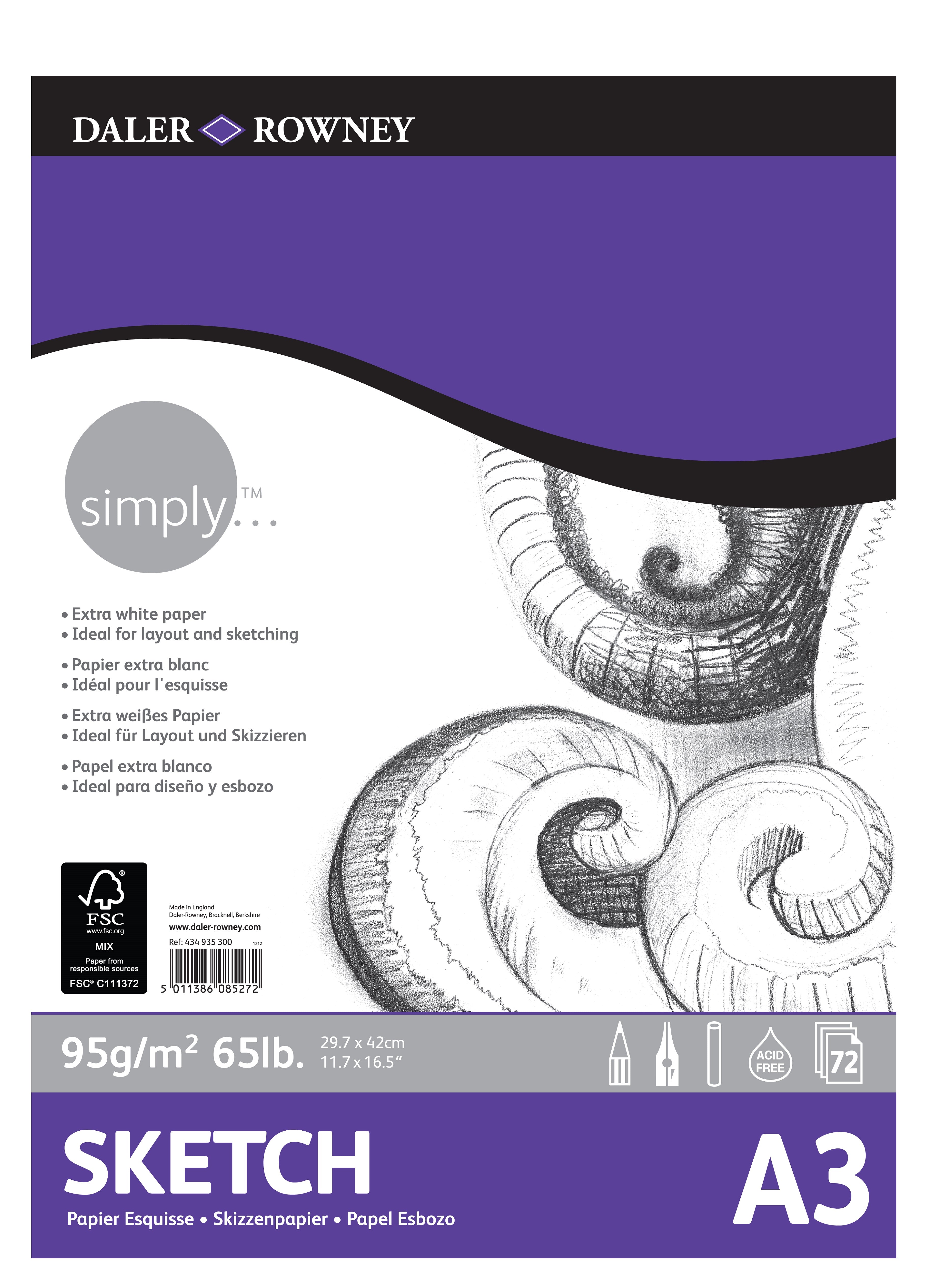 DALER ROWNEY Simply bloc pentru schițe A3 95 g 72 file cu cotor lipit